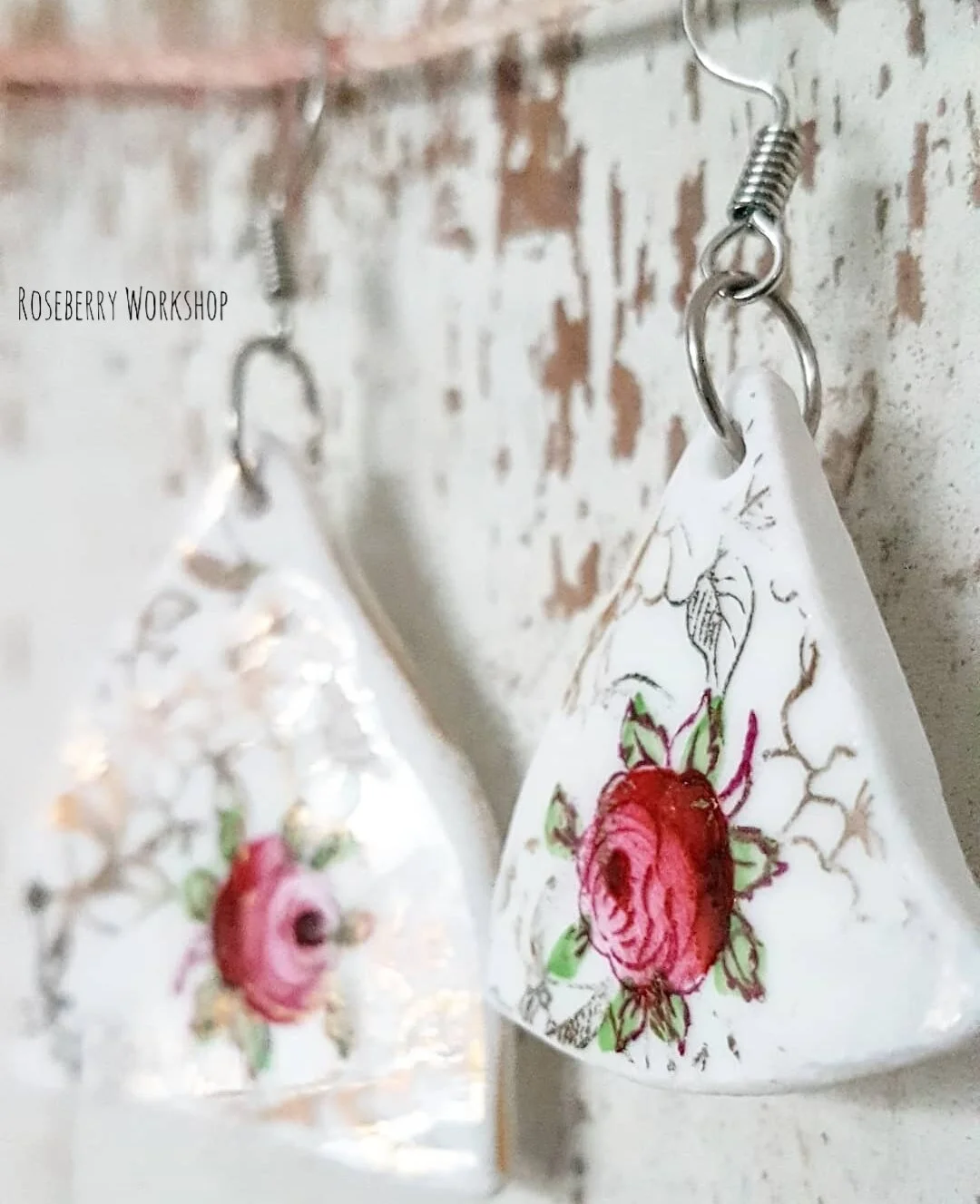 Pink Roses Vintage China Earrings (Medium with Silver Fish Hooks)