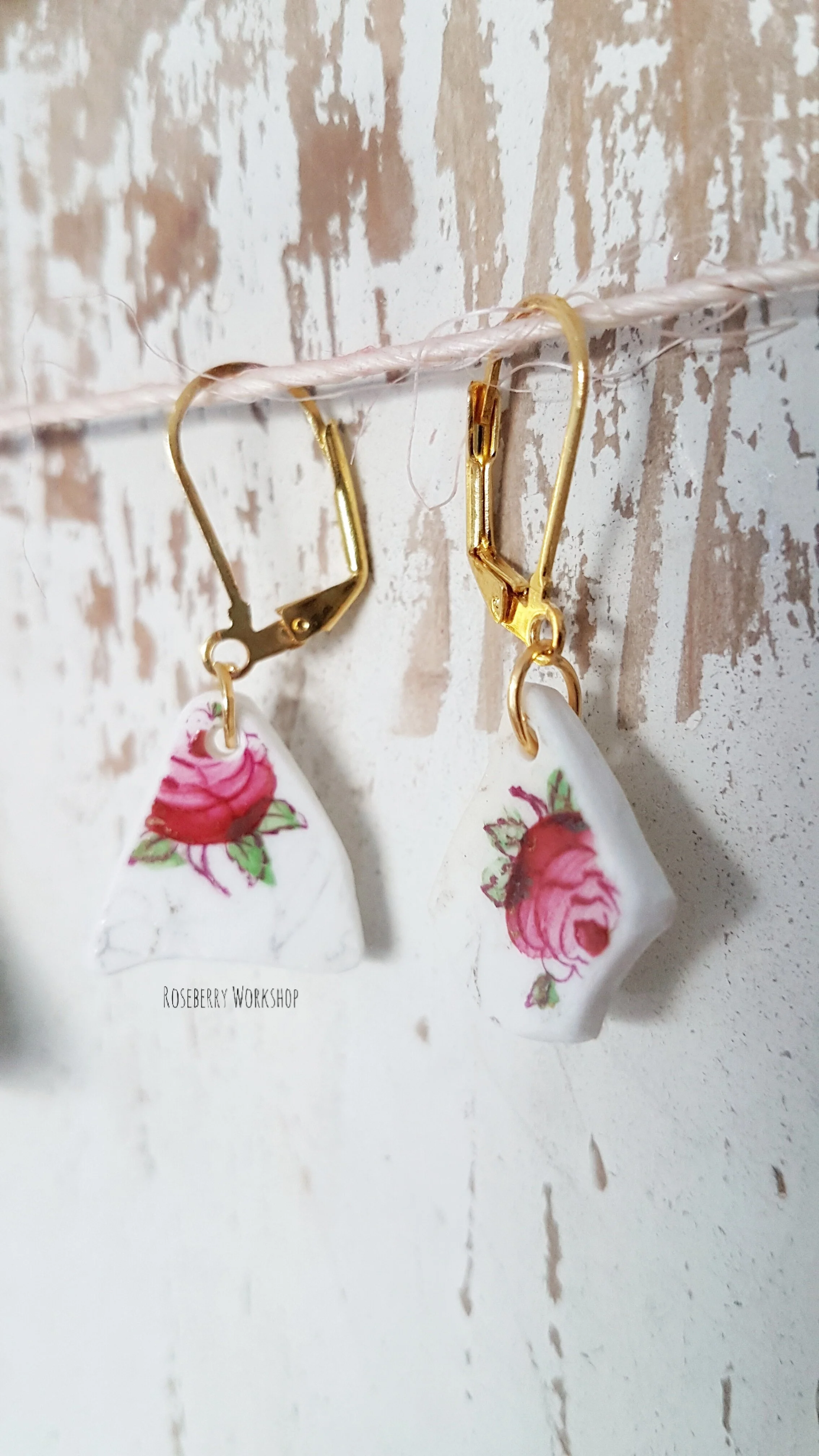 Pink Roses Vintage China Earrings (Small with Gold Color Drop Down Clasp Backs)