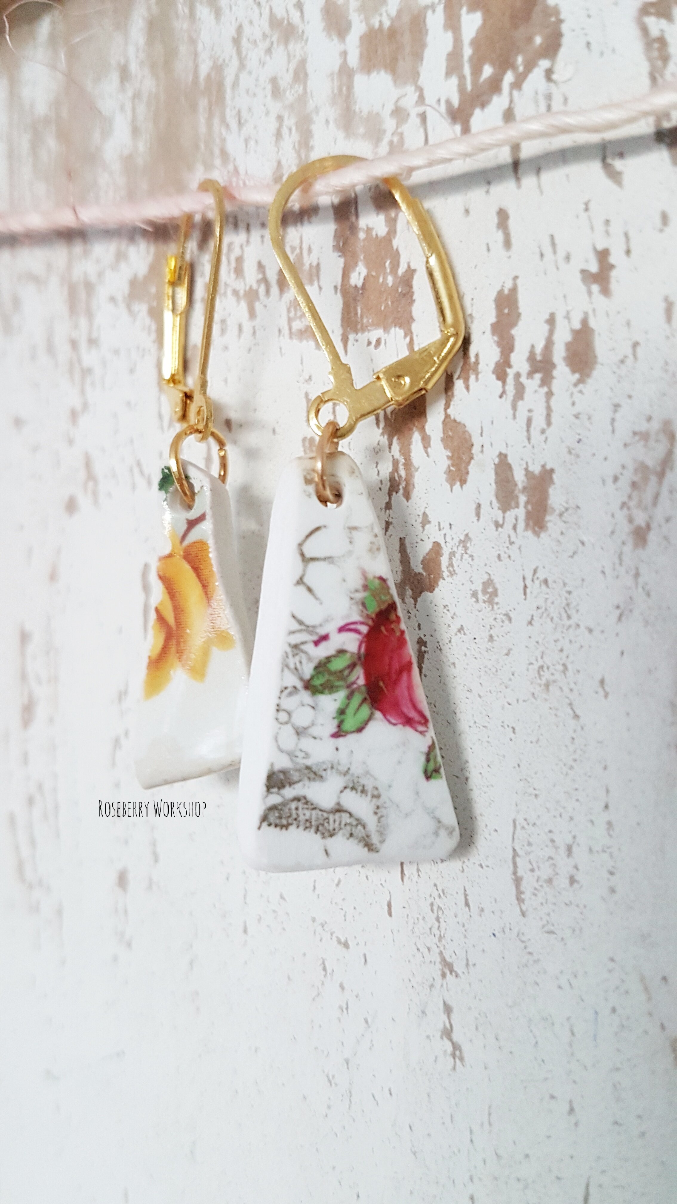 Pink &amp; Yellow Roses Vintage China Earrings (Small with Gold Color Drop Down Clasp Backs)