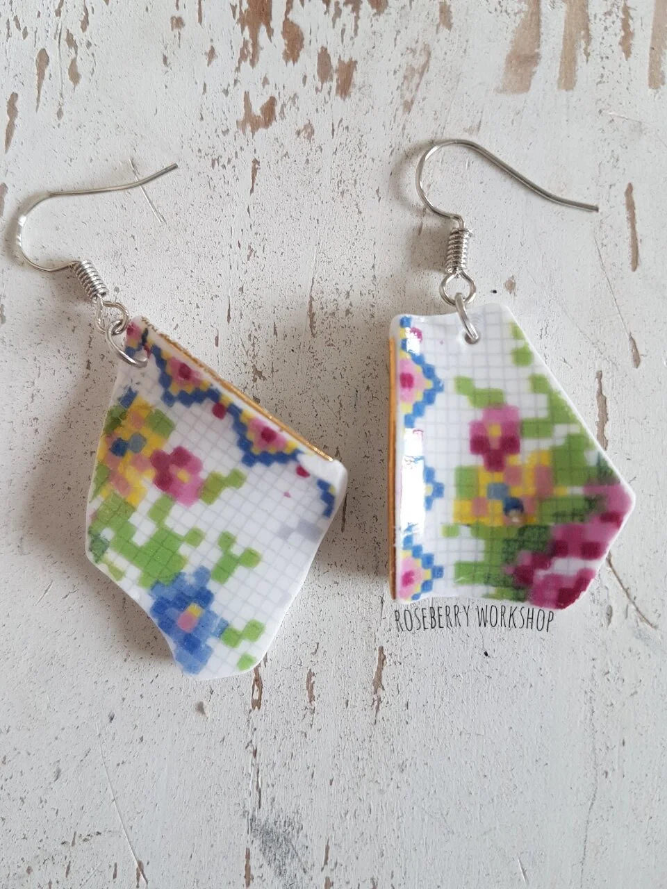 Multi-color Floral Vintage China Earrings (Medium with Silver Color Fish Hooks)