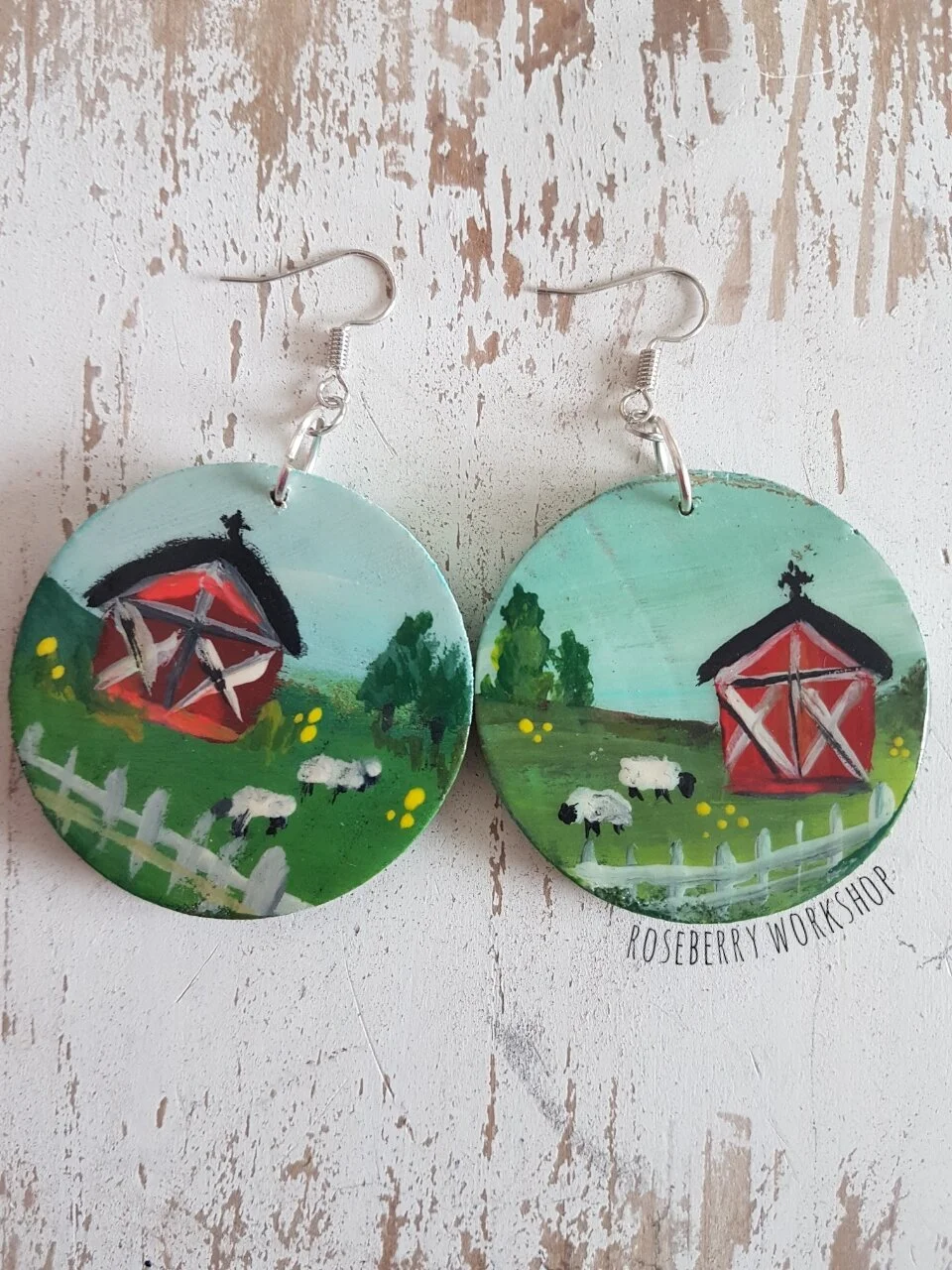 "Barnyard" Handpainted Wood Earrings (With Silver Color Fish Hooks)