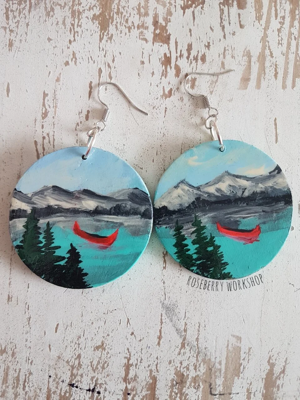 "Canoe for Two" Handpainted Wood Earrings (with silver fish hooks)