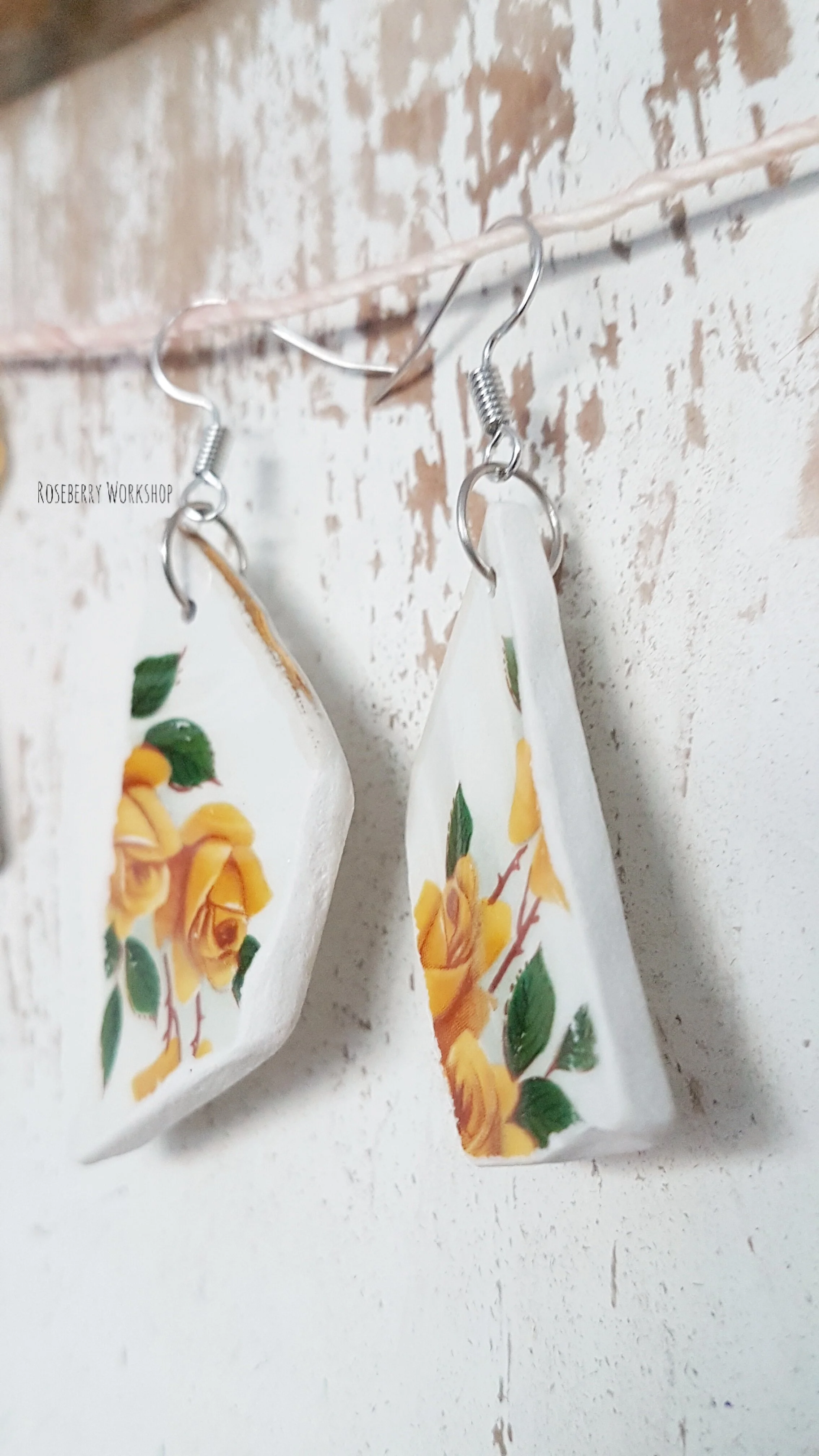 Yellow Rose Vintage China Earrings (Medium with Silver Color Fish Hooks)