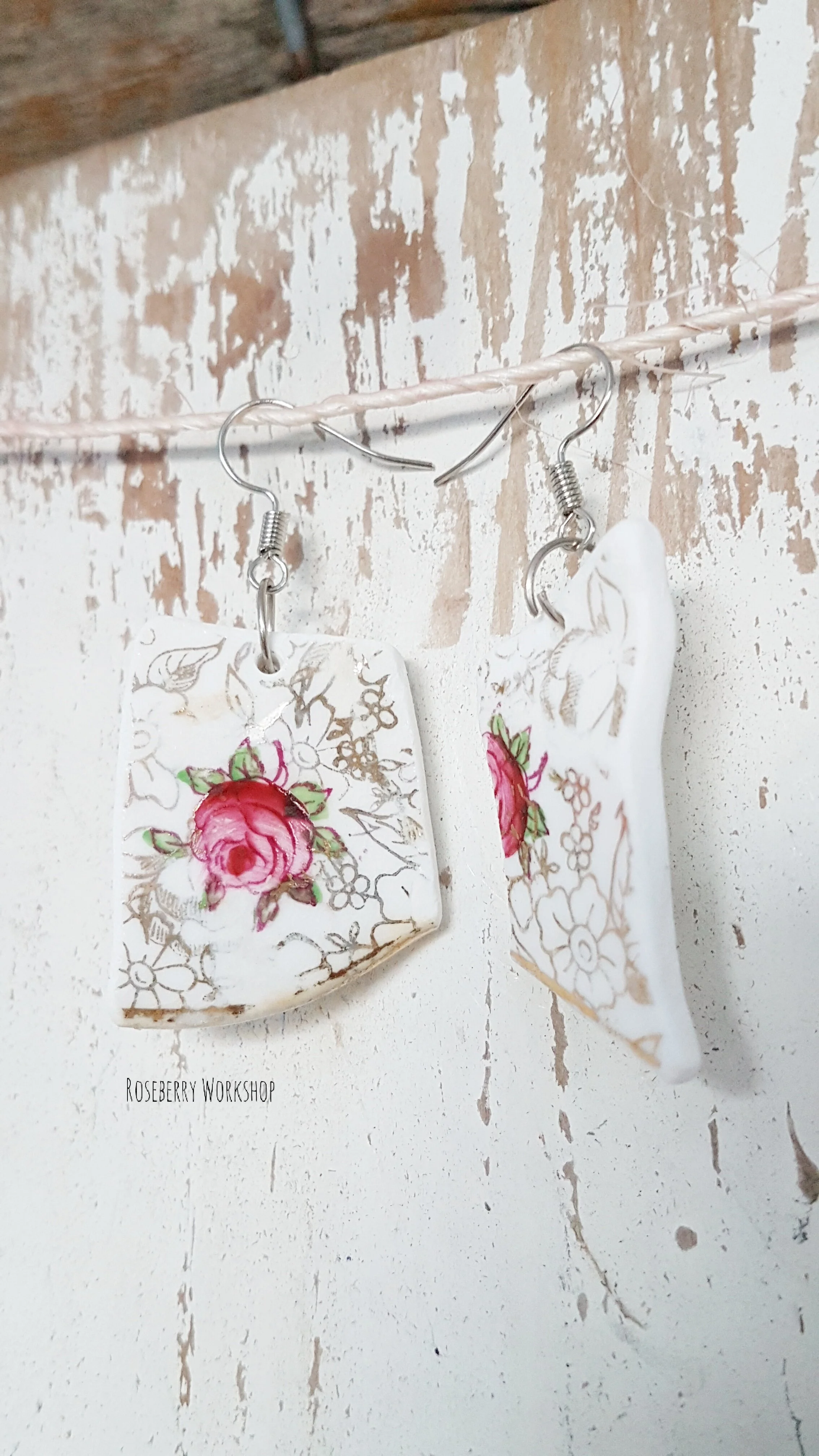 Pink Roses Vintage China Earrings (Medium with Silver Color Fish Hooks)