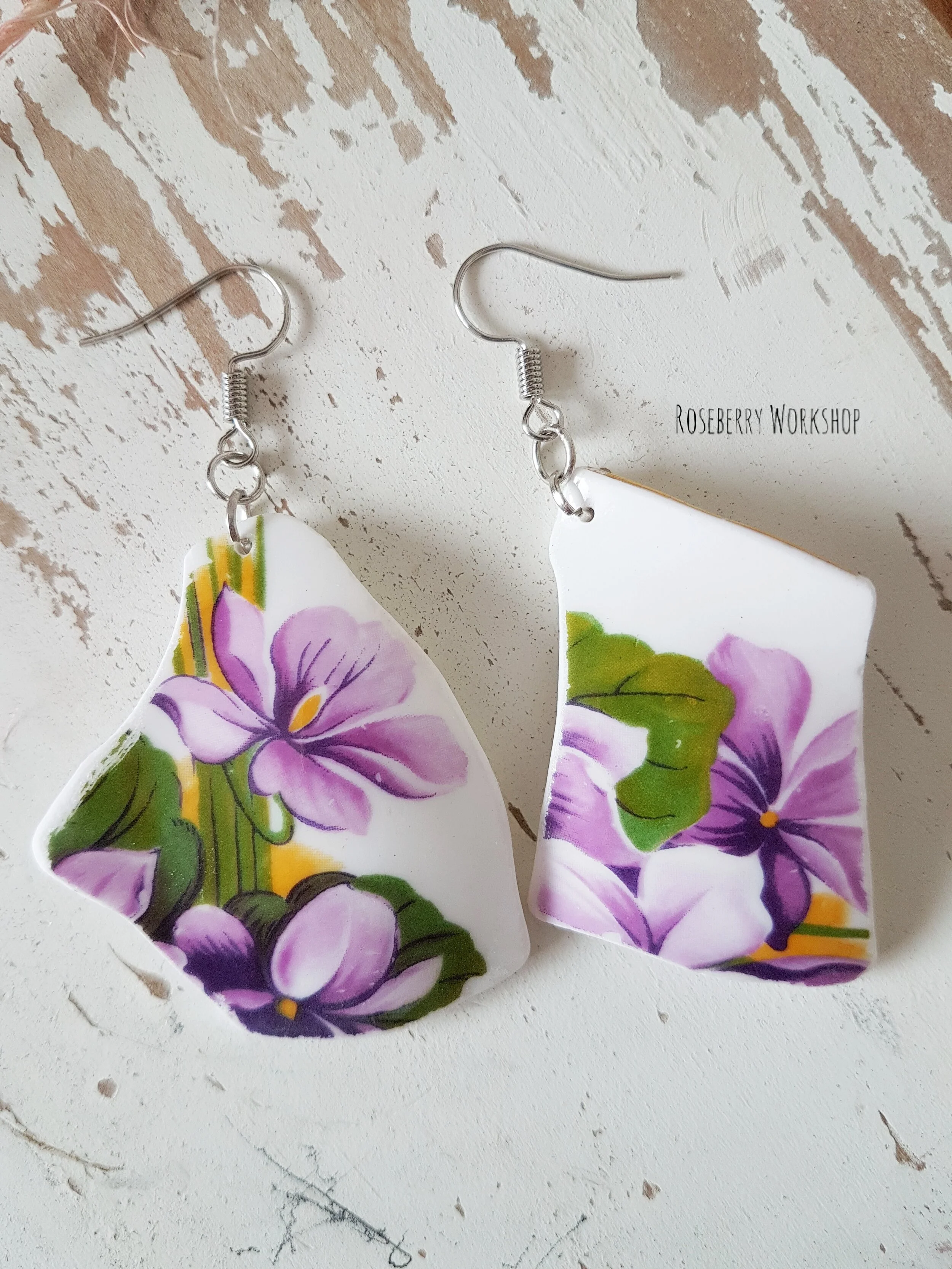 Purple Violet Vintage China Earrings (Medium with Silver Color Fish Hooks)