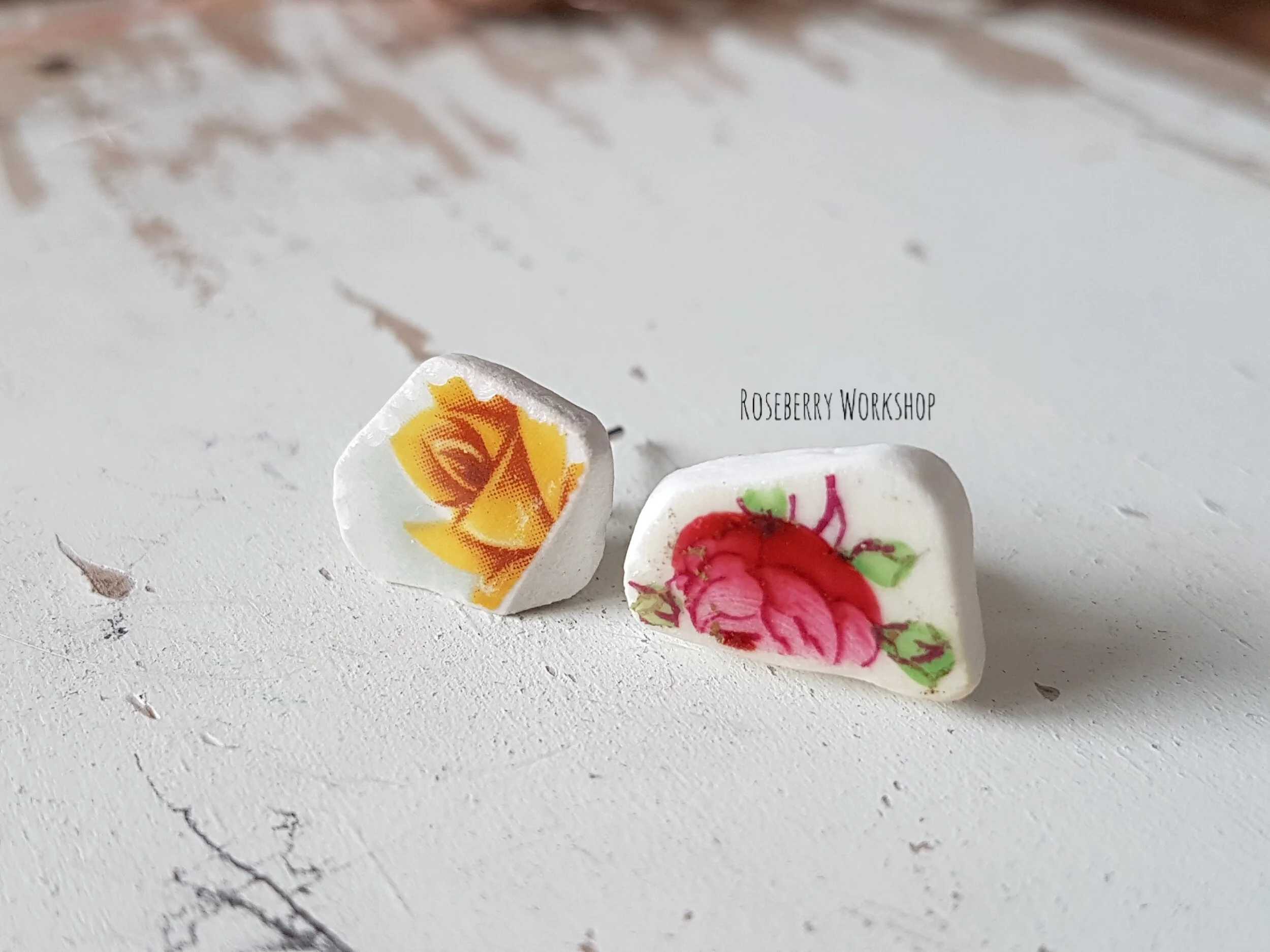 Pink &amp; Yellow Roses Vintage China Stud Earrings