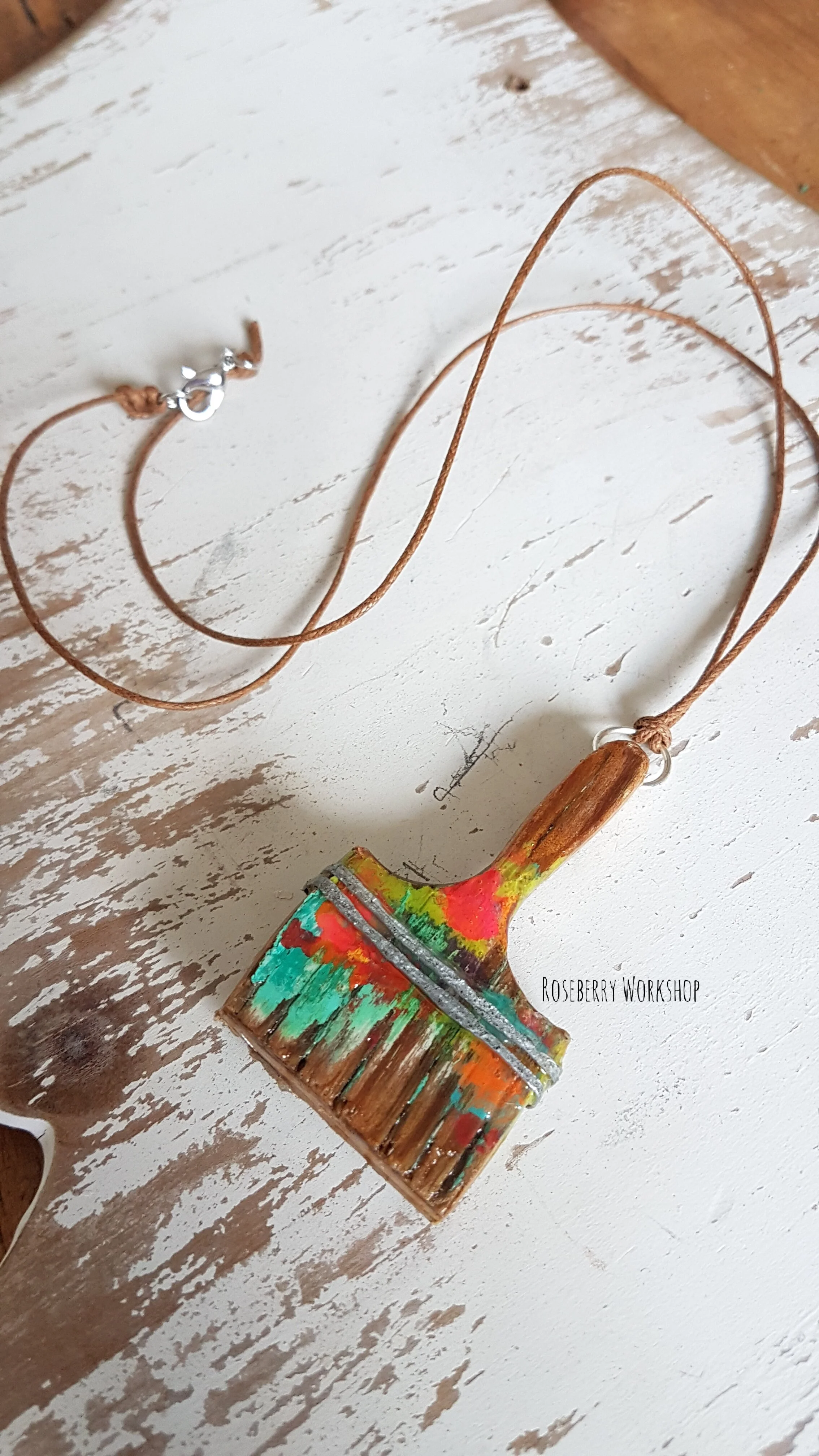 "Working Brush" Necklace with Brown Cording 