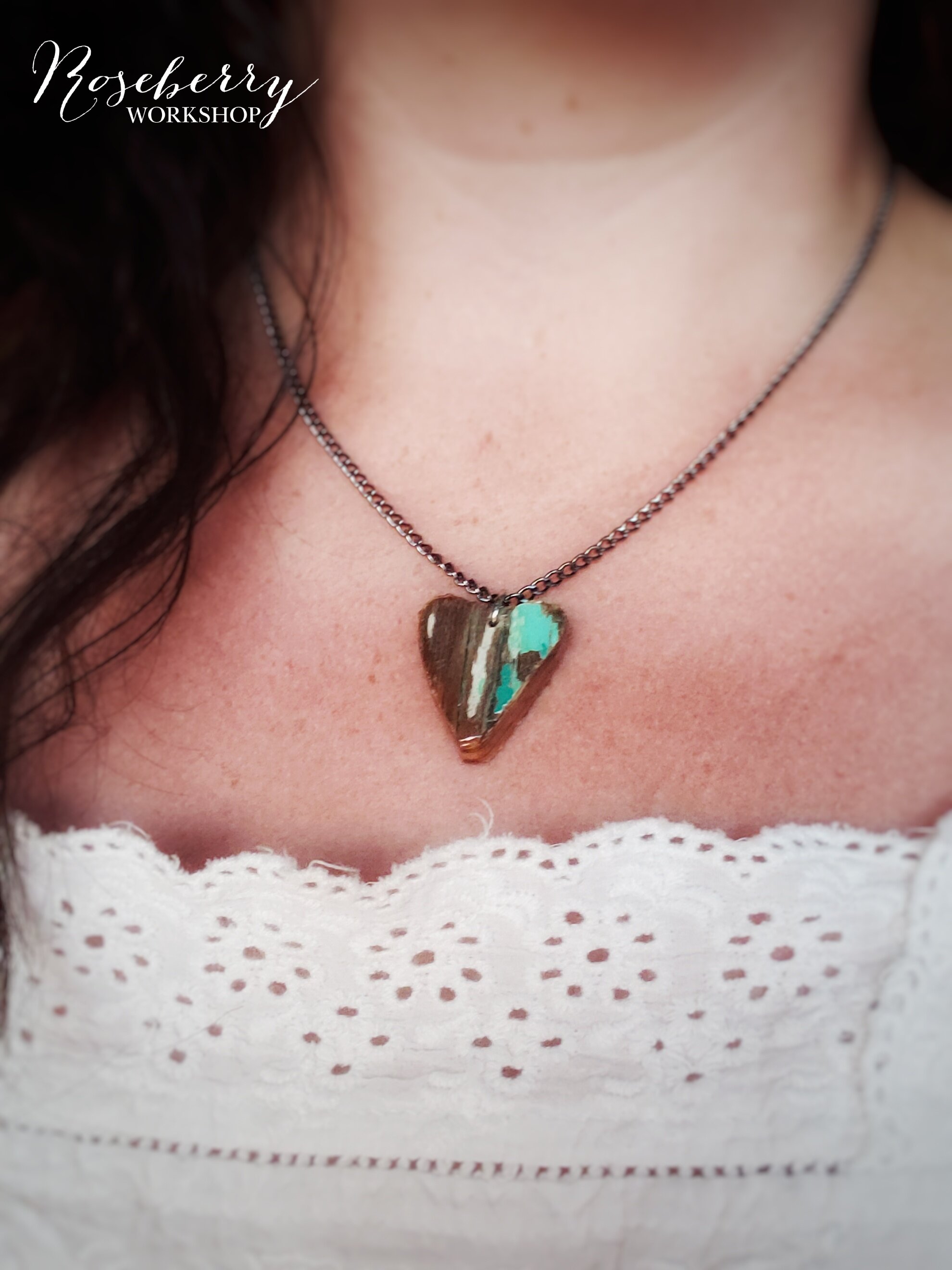 "Shabby Heart" Necklace with Black Chain