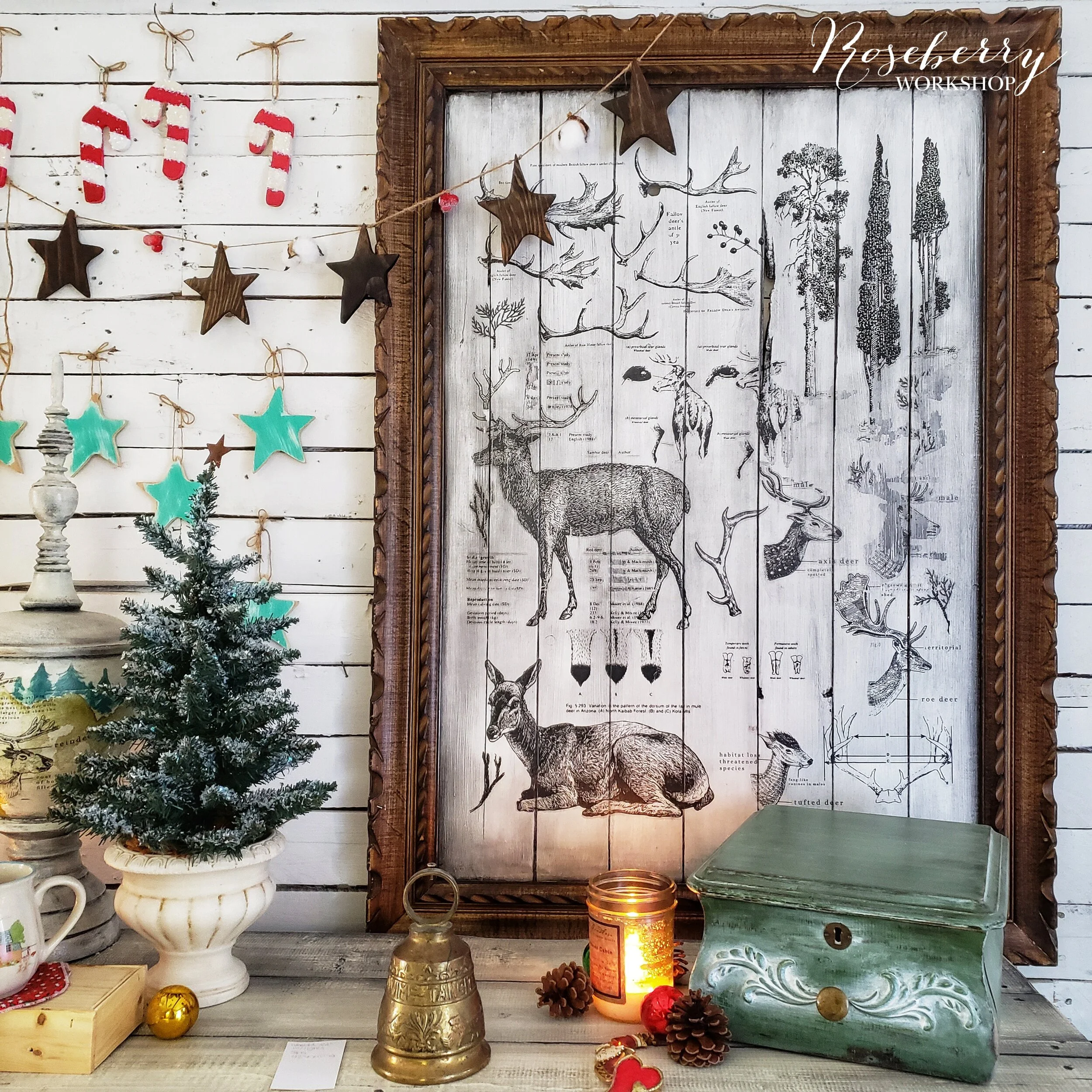 Large Shabby Framed Deer Illustration Wall Piece 