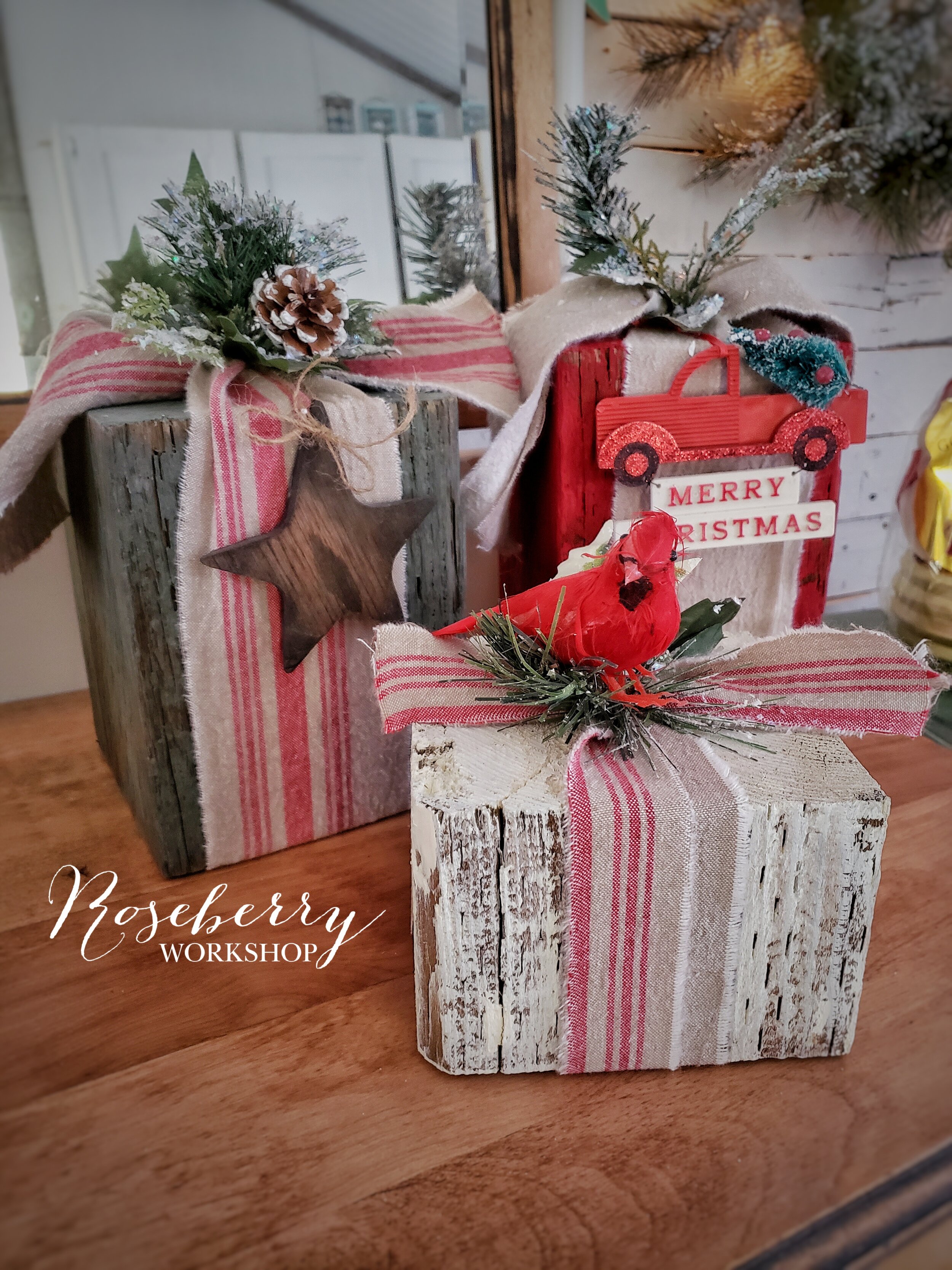 3 pc Rustic Wood Presents Decor Set