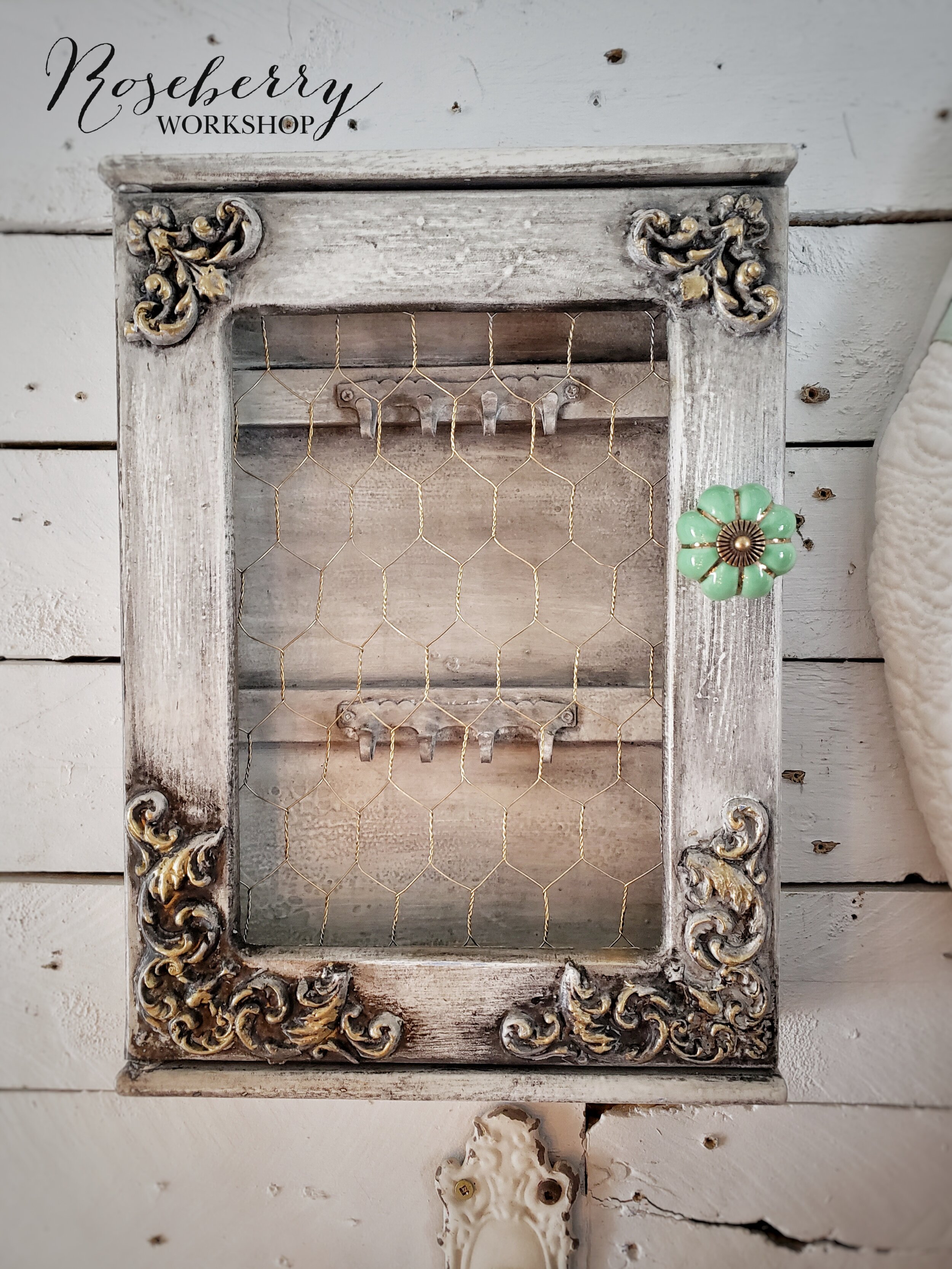 Shabby White &amp; Gold Chicken Wire Key Cupboard