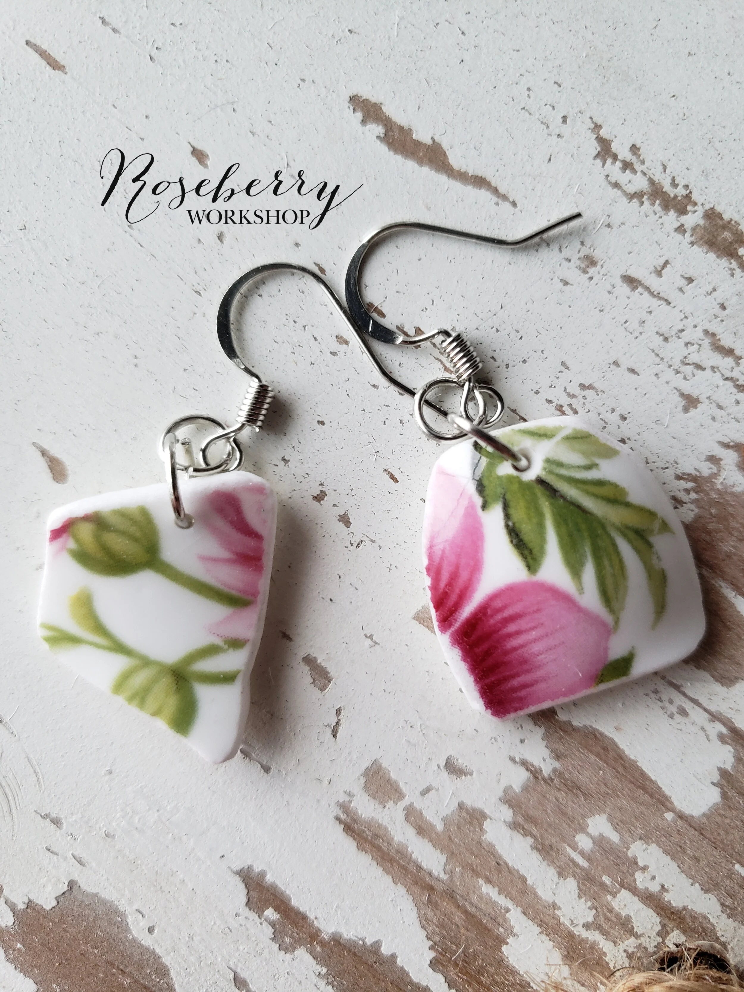 Dainty Pink Floral China Dish Earrings