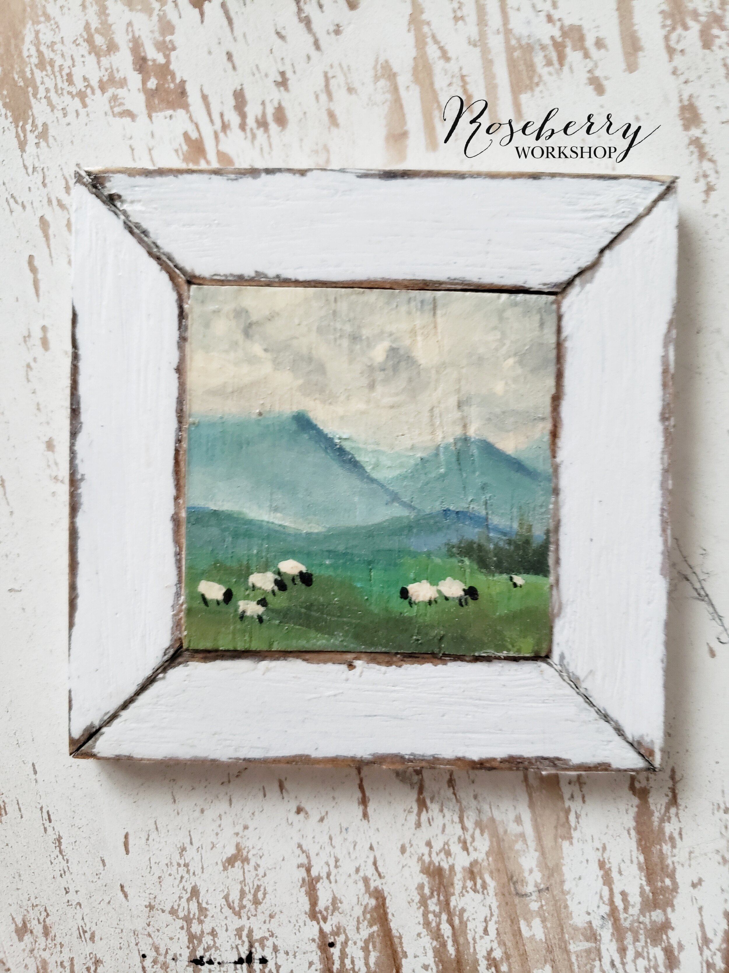 Mini Framed Landscape Painting with Sheep