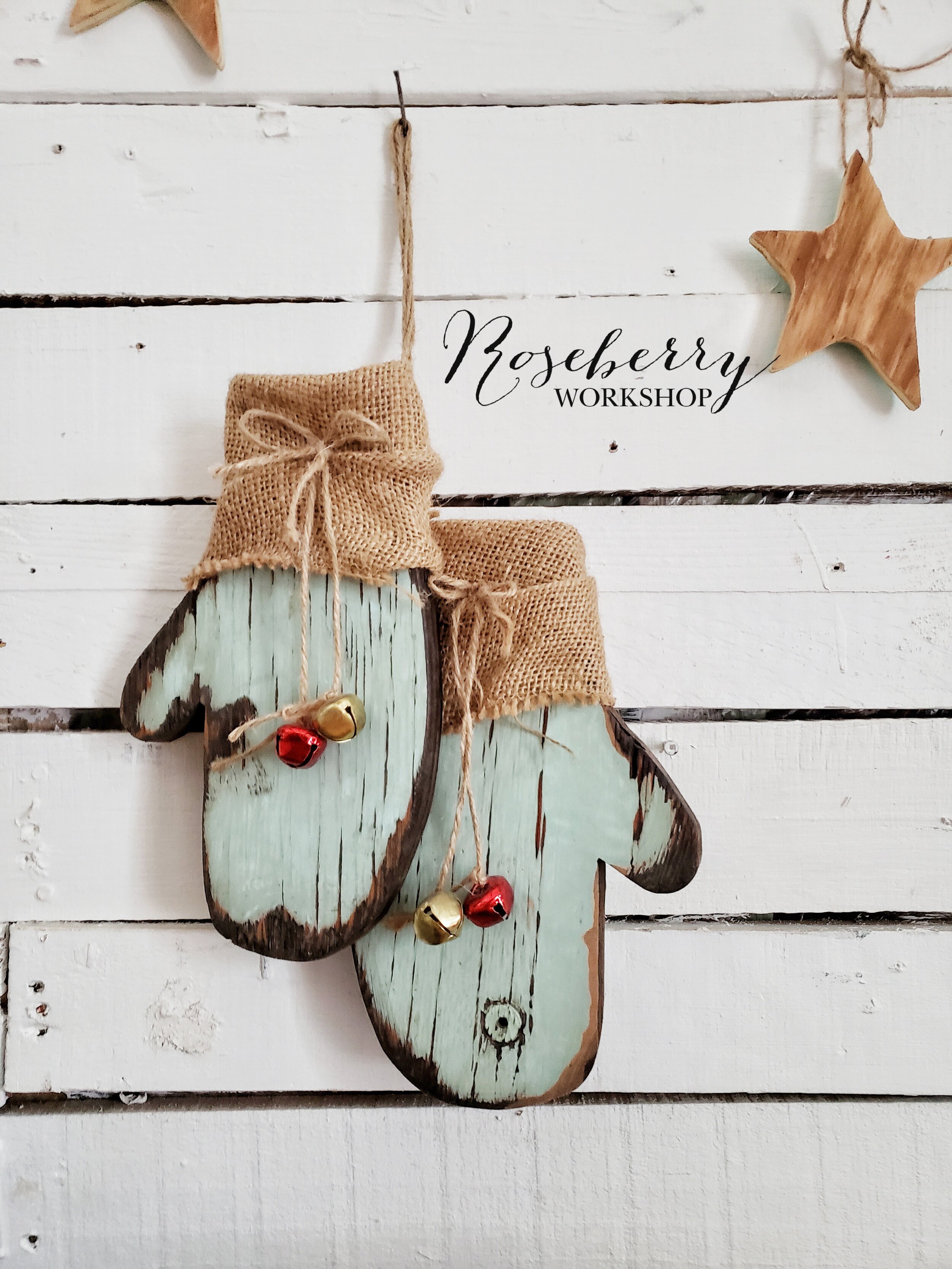 Minty Wood + Burlap Hanging Mittens 