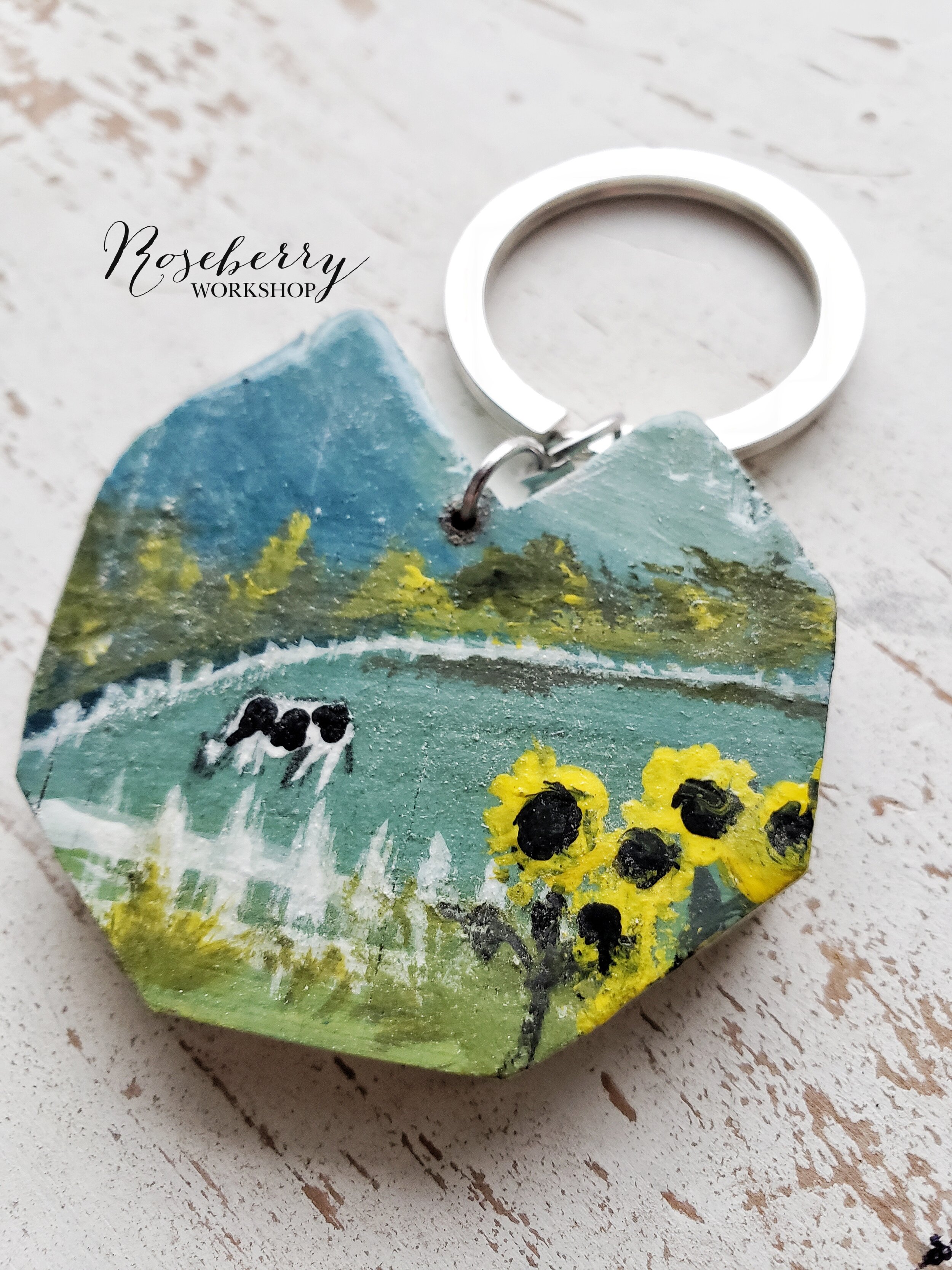 Landscape with Sunflowers + Dairy Cow Keychain