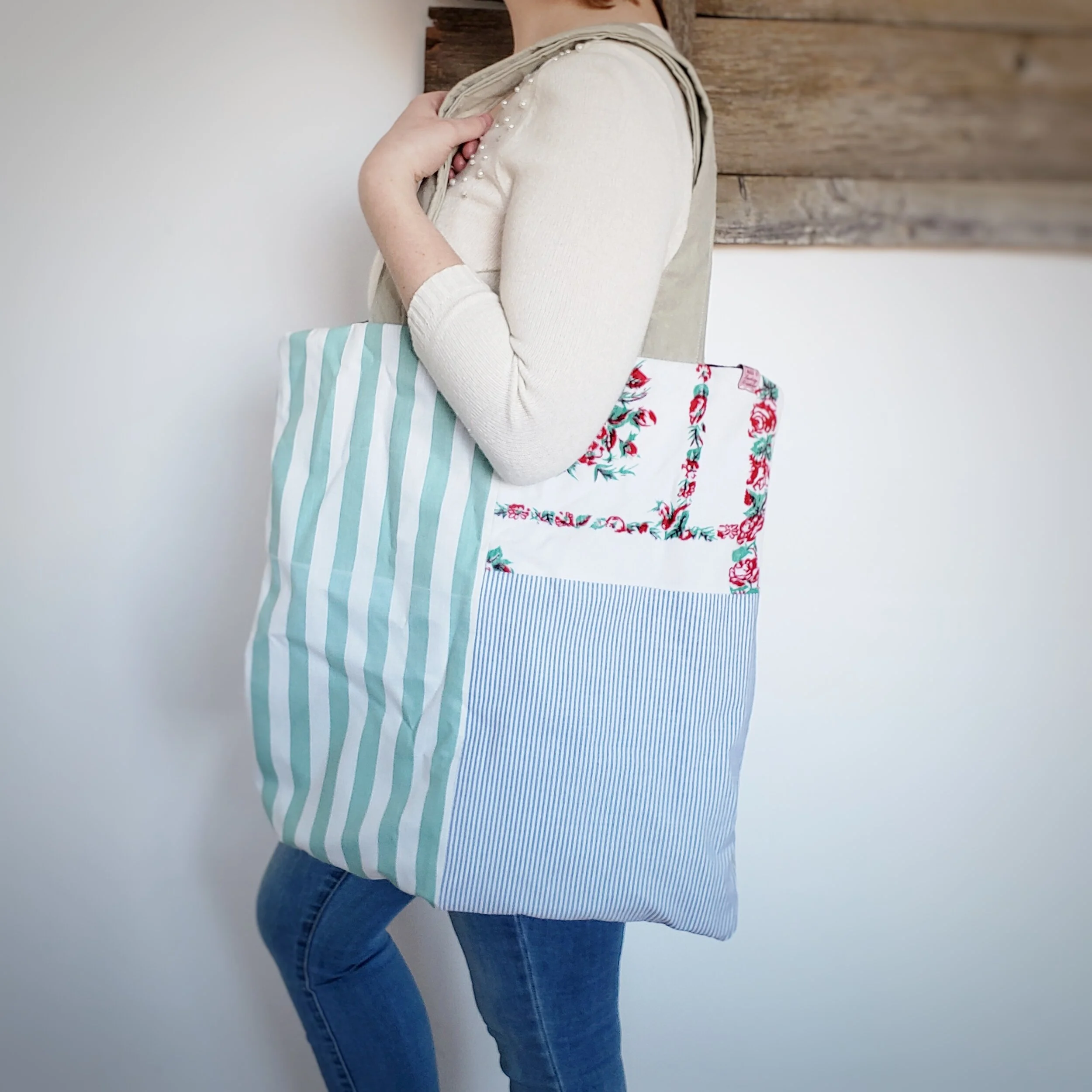 Large Market Tote Blue Stripe + Floral