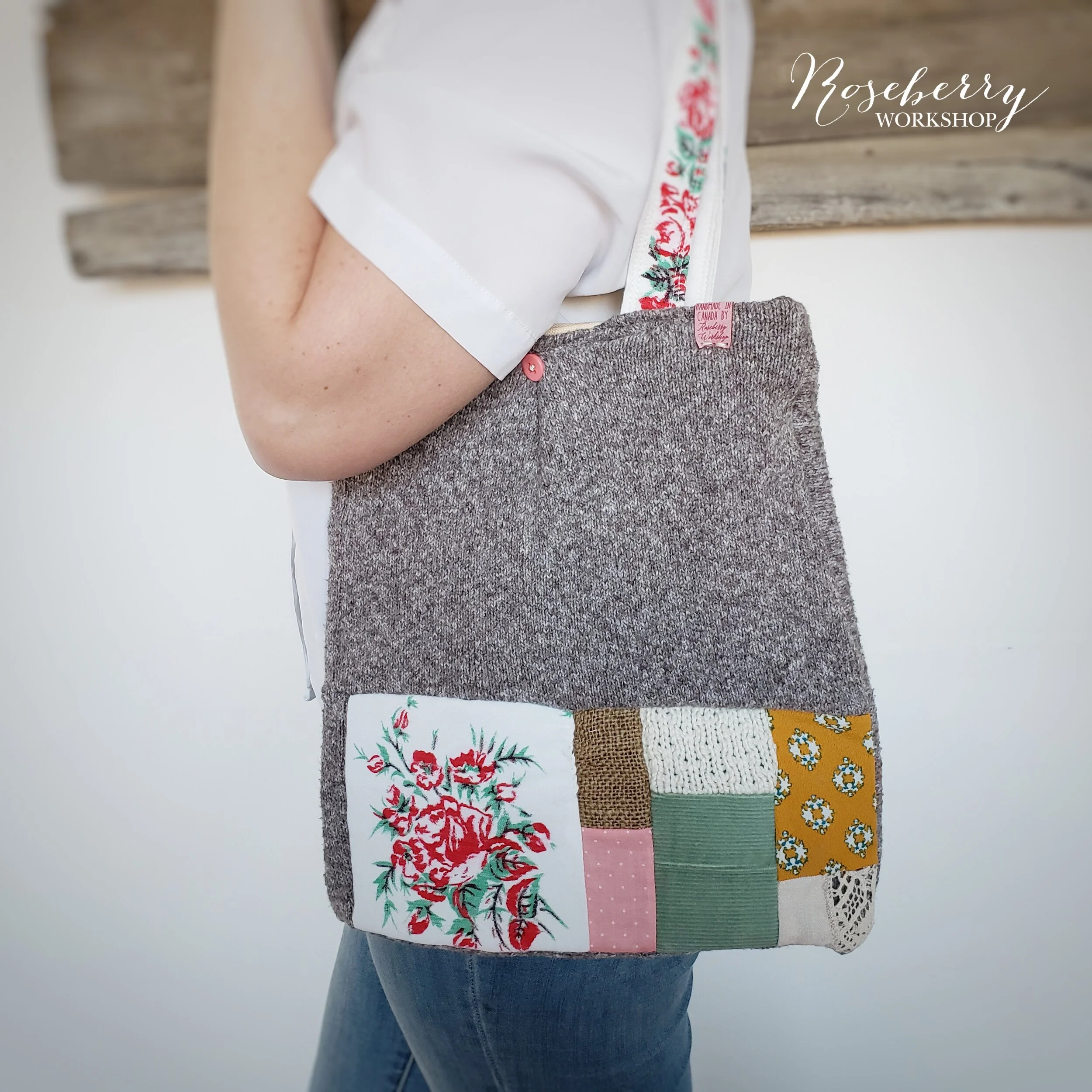 Grey + Patchworks Tote with Floral Handles