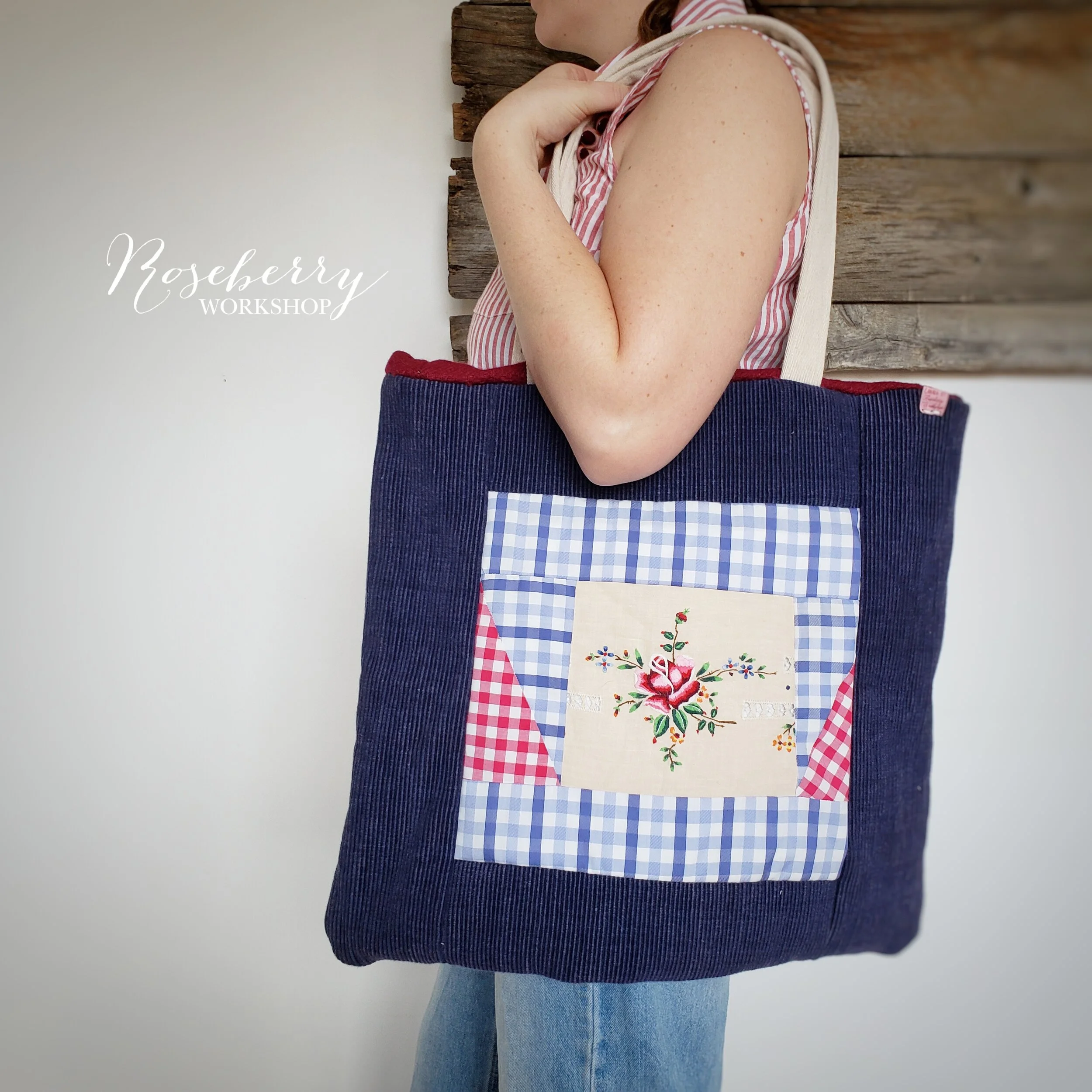 Large Blue Corduroy Tote with Floral &amp; Gingham Patchworks