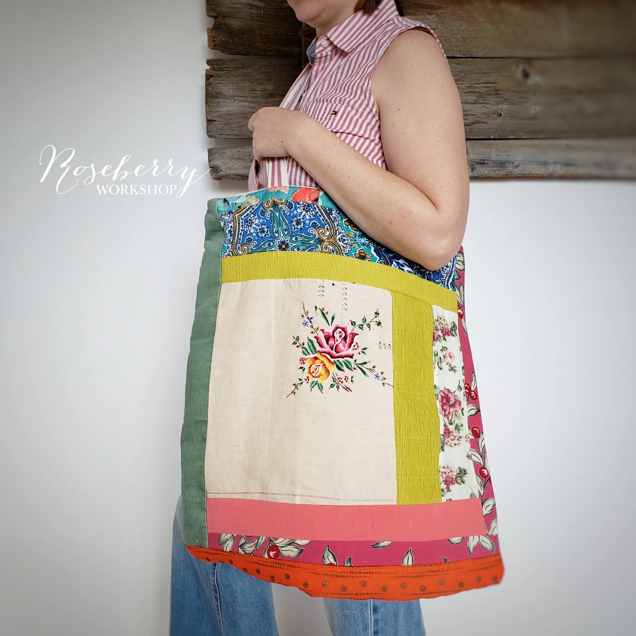 Oversized Roses &amp; Multicolored Patchworks Market Tote