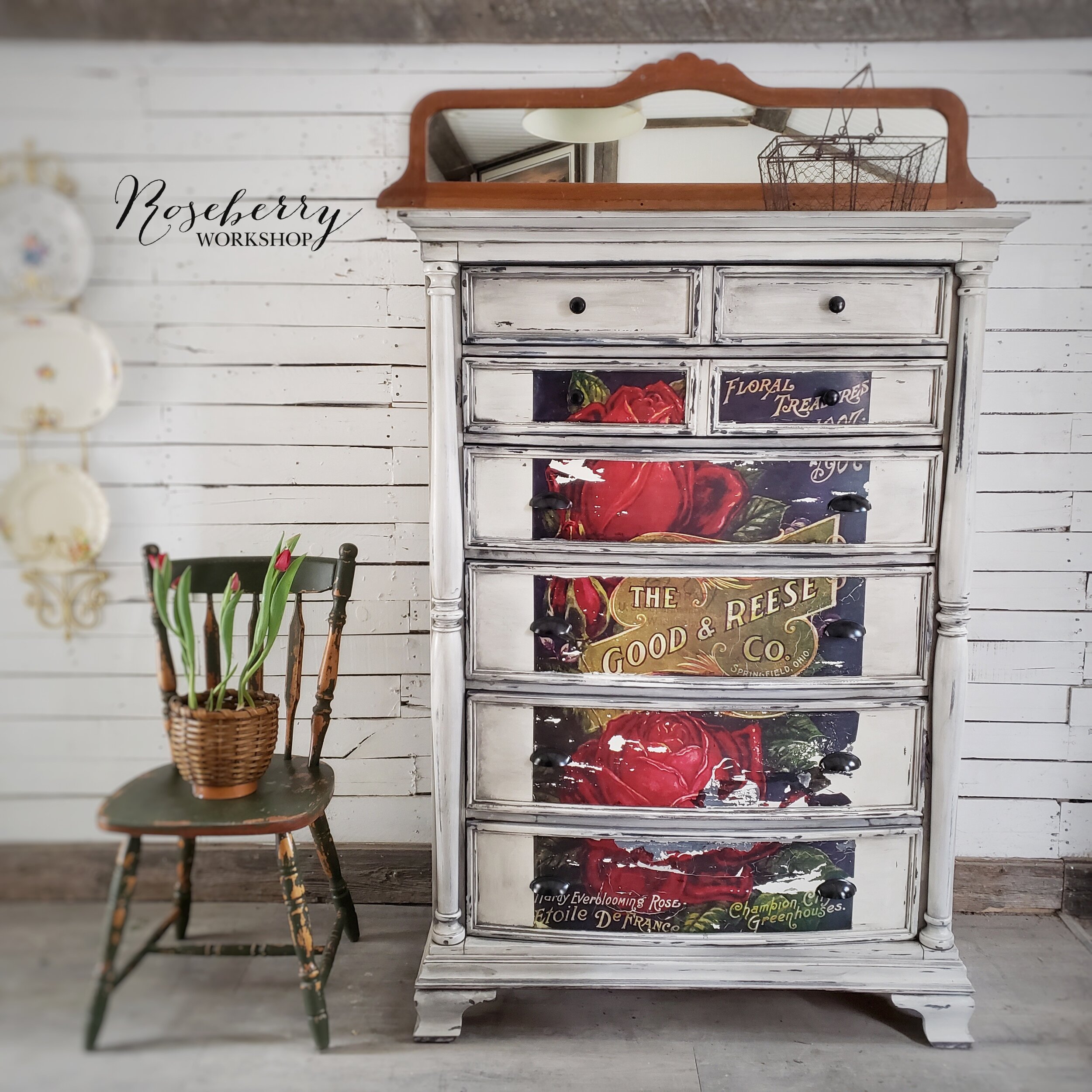 Aged White &amp;  Floral Theme Highboy Dresser