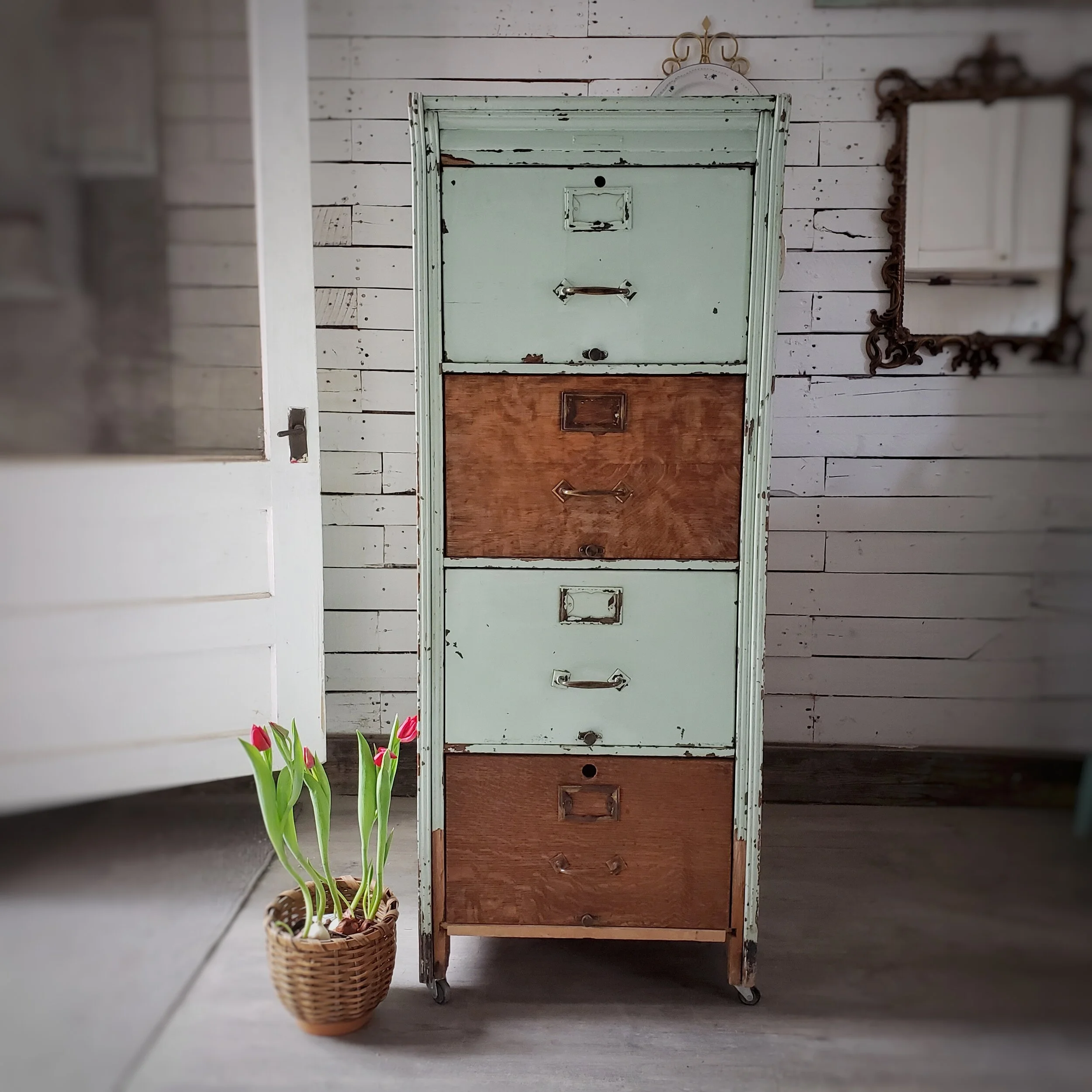 Mint + Wood Vintage File Cabinet