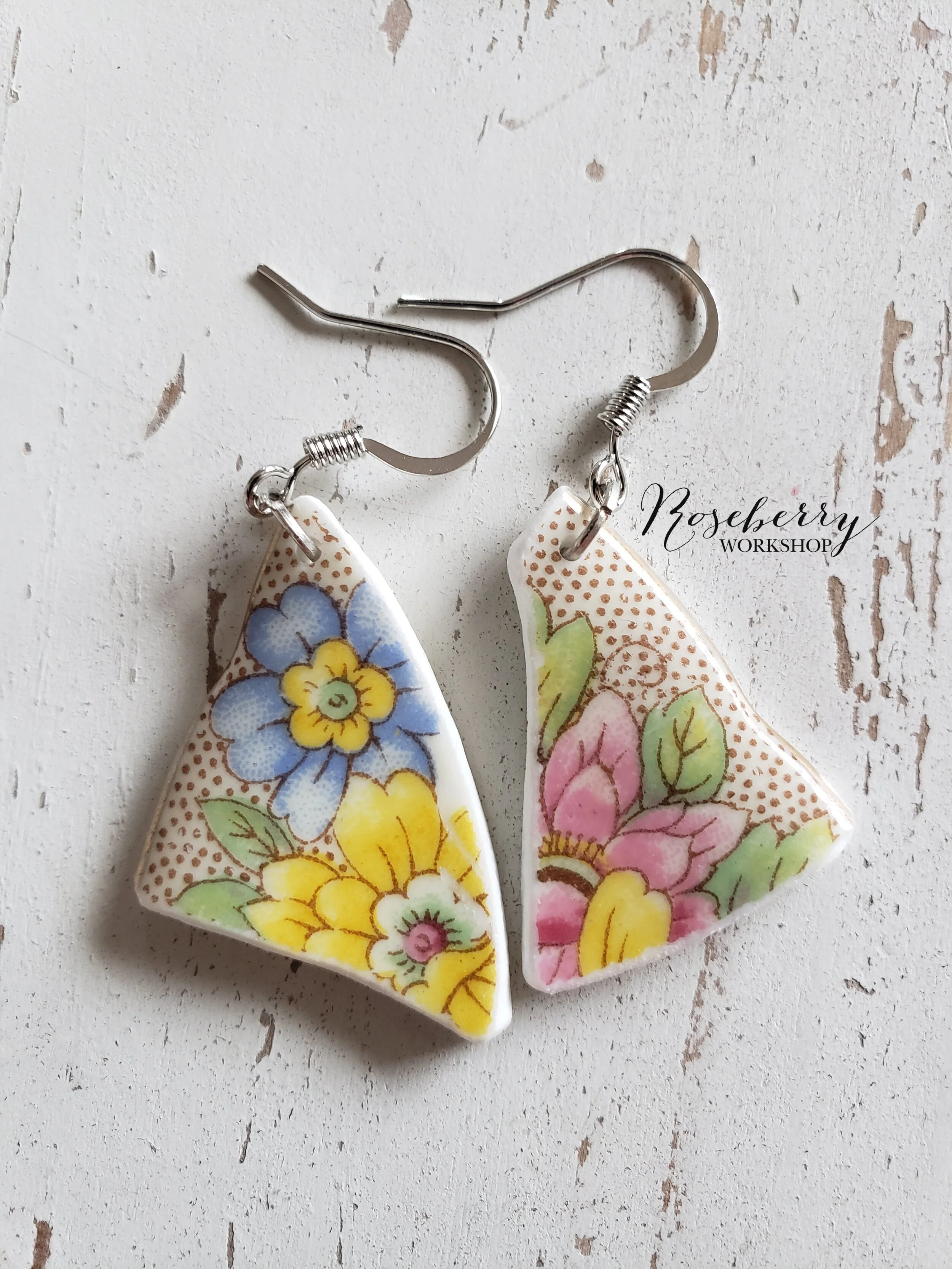 Vintage Floral + Polka Dot Earrings No.1 Medium