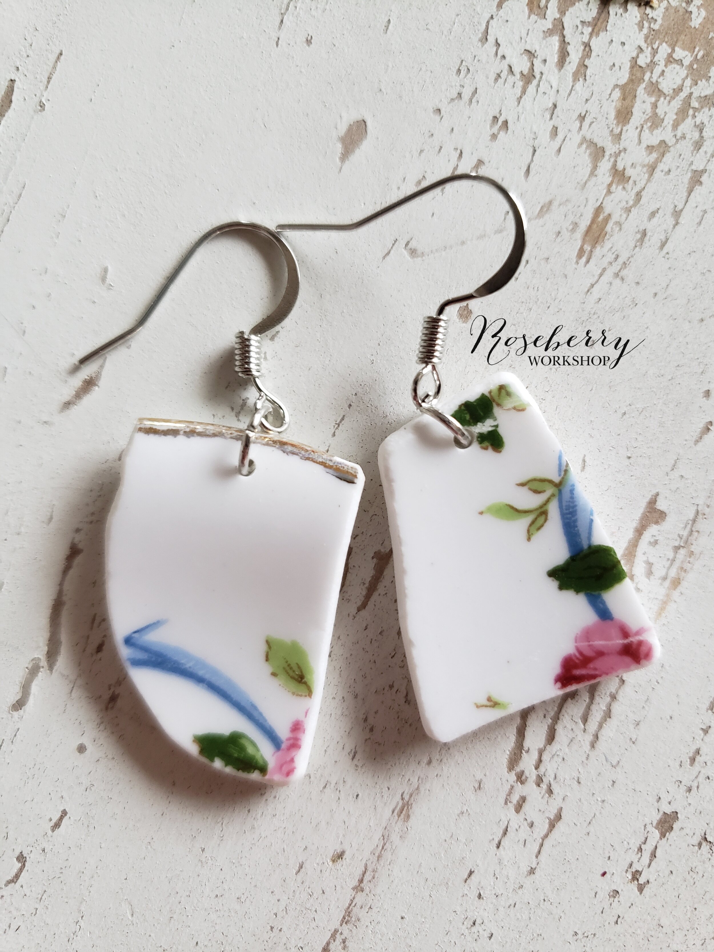 Blue Ribbon and Pink Rose Earrings