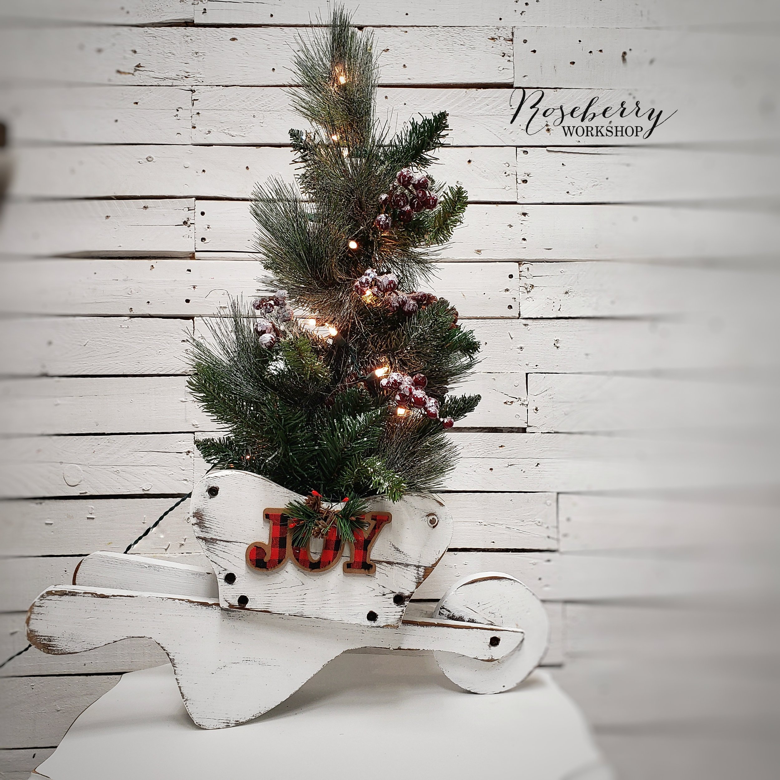 "JOY" Wheelbarrow Tree with White Lights