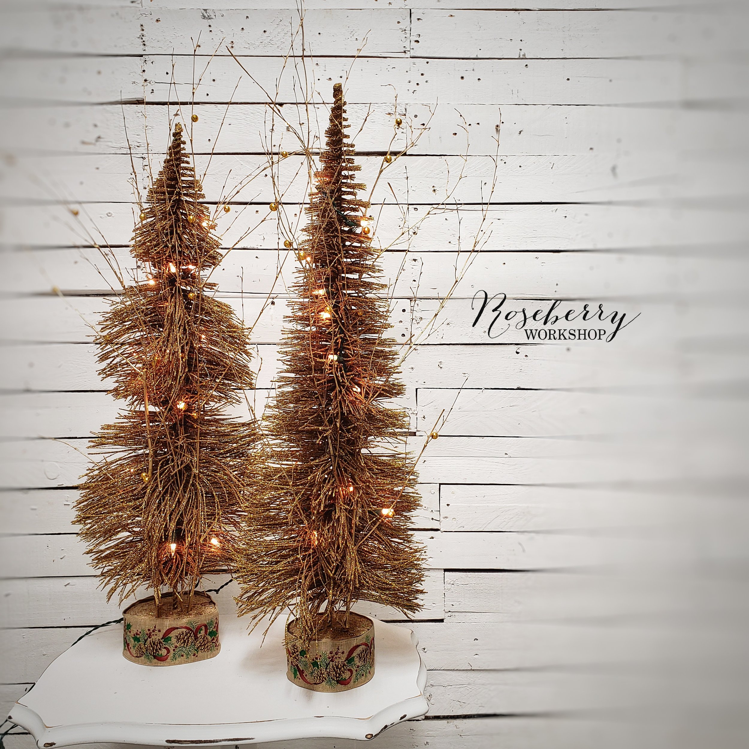 Golden 2pc Tree Set with White Lights