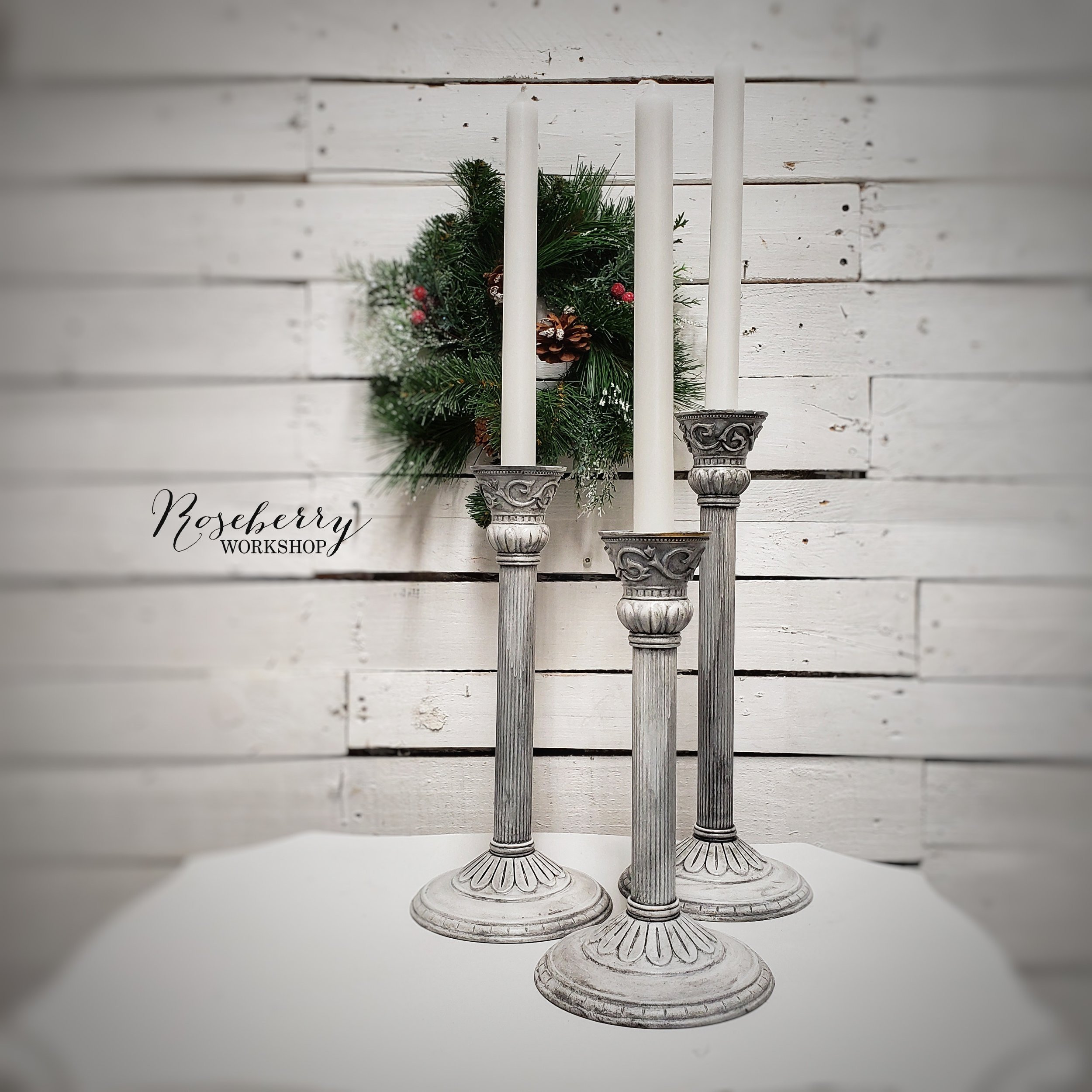 3pc Shabby White Metal Candlestick Set