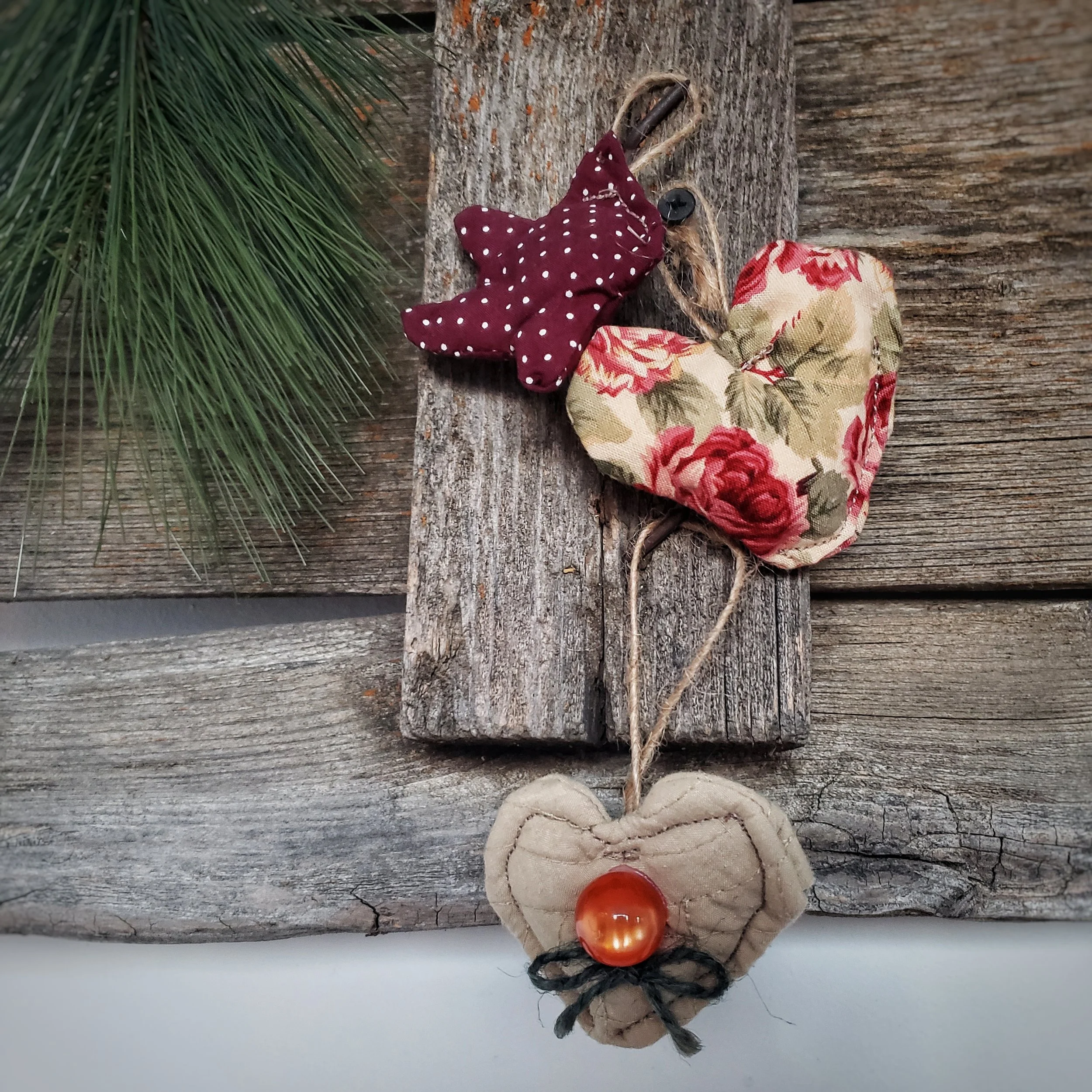 Shabby Chic Fabric Ornaments Set of 3