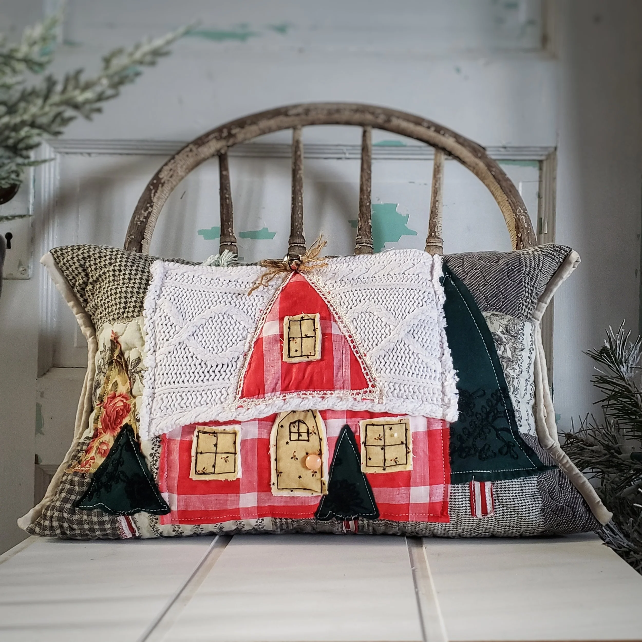 Red Christmas Cottage Pillow