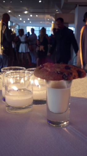 After eating up a storm at the Sushi table, caped it off with fresh baked chocolate chip cookies and a shot of milk.
