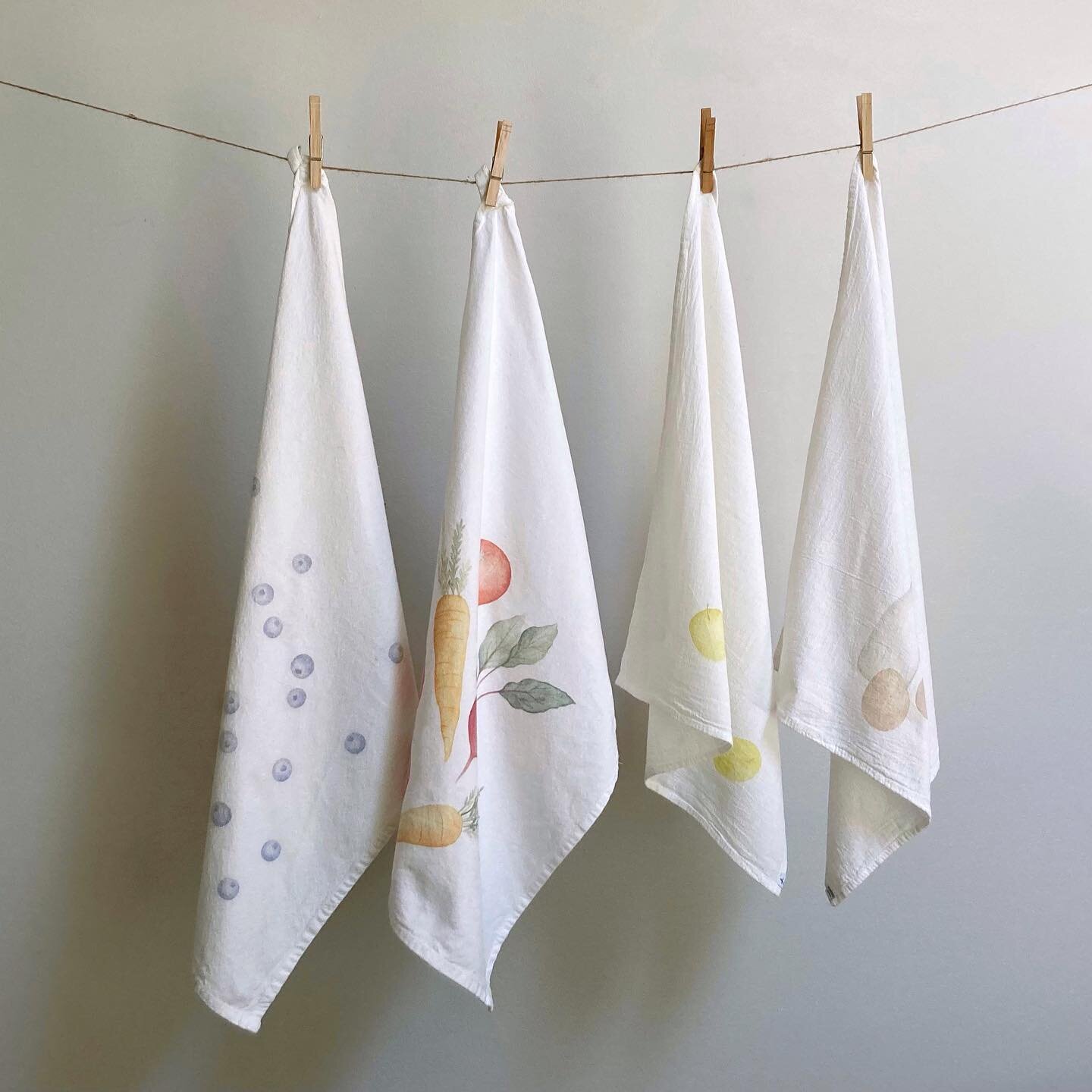 Kitchen towels are officially listed in my Etsy shop!! Vegetable &amp; blueberry designs are available for pre order shipping early July! Green apple and milk &amp; egg designs ship immediately! Thank you for all your support 🥰