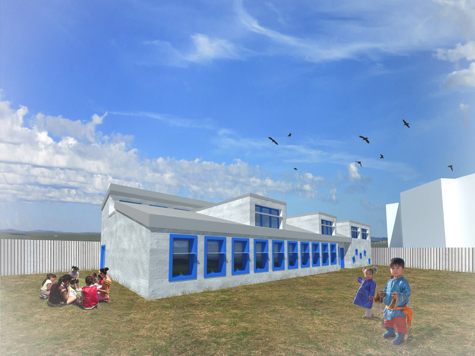 SUNBOX Mongolian Cool School SUNBOX provides a solution to the challenging circumstances surrounding the proposed school extension at Tsast Altai, in Khovd, Mongolia. Pulled tight into the northeastern corner of the site, the extension opens up to the south, with the goal of gathering as much solar heat as it can. The southern roofline runs at a low 3m, occasionally popping up to 4.8m, to meet the existing school’s height with a clerestory. The walls are thick, and super-insulated. Masonry harvested from local clay forms the structure entirely on the interior, holding up a light wood roof, while plaster-covered straw bale walls fully wrap around the building like the thick coat of felt around a ger. This self-supporting wall, made of waste materials, provides nearly half a meter of insulation without any drafts or leaks. Extensive glazing along the south facade ensures an immense opportunity for passive solar heating, where the low sun in the winter months deeply penetrates the building to provide heat, but the high sun in the summer is shaded, keeping interior temperatures low. The distinctive profile of the SUNBOX is designed to ensure sunlight is found throughout the building, in a series of bright interior spaces. A palette of hardy materials, a sense of play and child-scale detailing, and the use of vibrant colour throughout support the school program through the creation of a fun, warm, and safe environment.