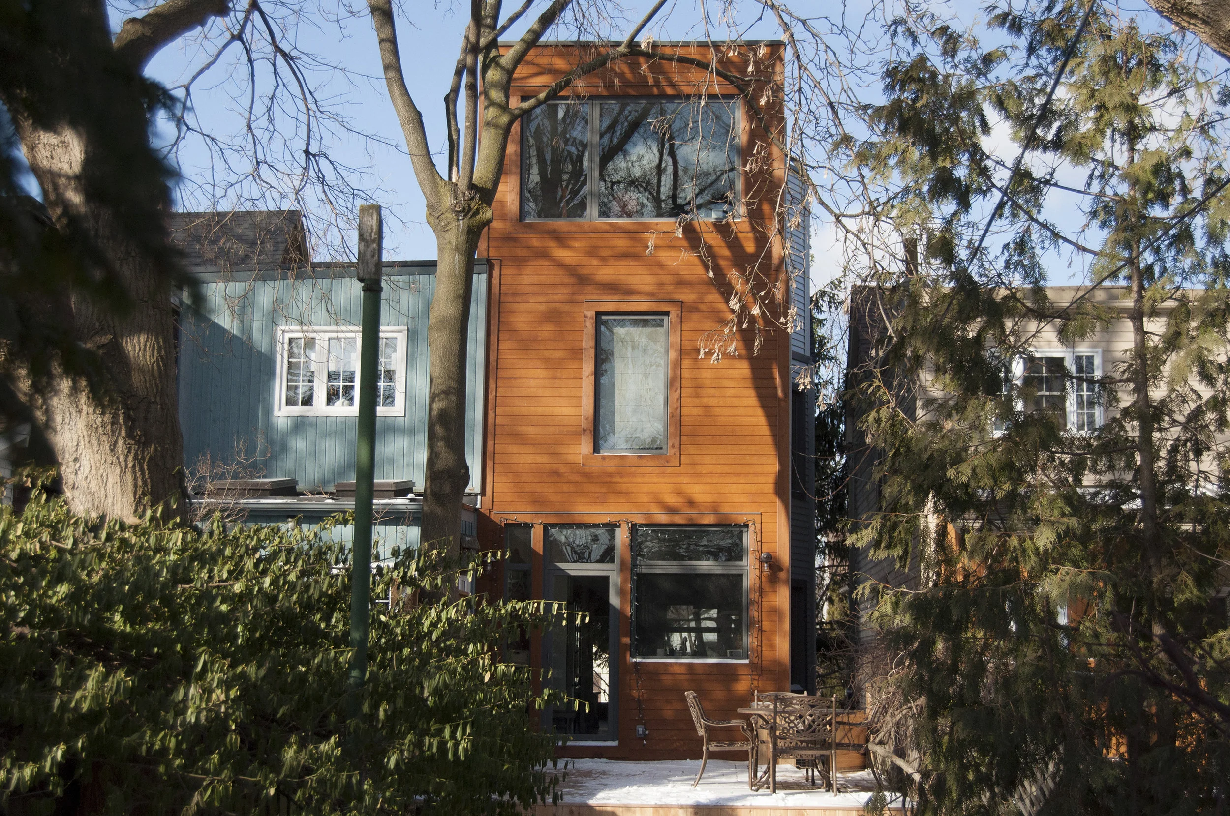 Boothroyd Residence Third Floor Addition and Full Interior Renovation This third-floor addition and full interior renovation of an early 20th century semi-detached home in the Riverdale Pocket adds space for a growing family by expanding a previously-captured third storey. Sustainable helped maintain the character of the existing house inside and out, while increasing openness and natural light, improving the functionality of each floor level and creating a connection to the back yard. Thoughtful alterations to the building envelope, (including roofs and walls, and doors and windows) has resulted in an impressive energy reduction, while also improving the health and comfort of the home.