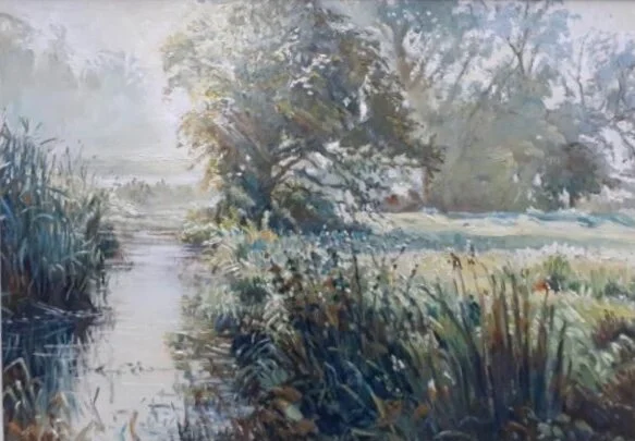 Rural Riverbank by Margaret Glass. Oil on Board.