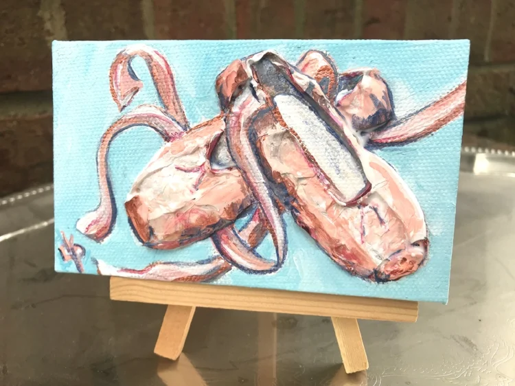 "Almost Broken In" by Delphine Peller 3"x 5" acrylic & palette paint on canvas with mini easel