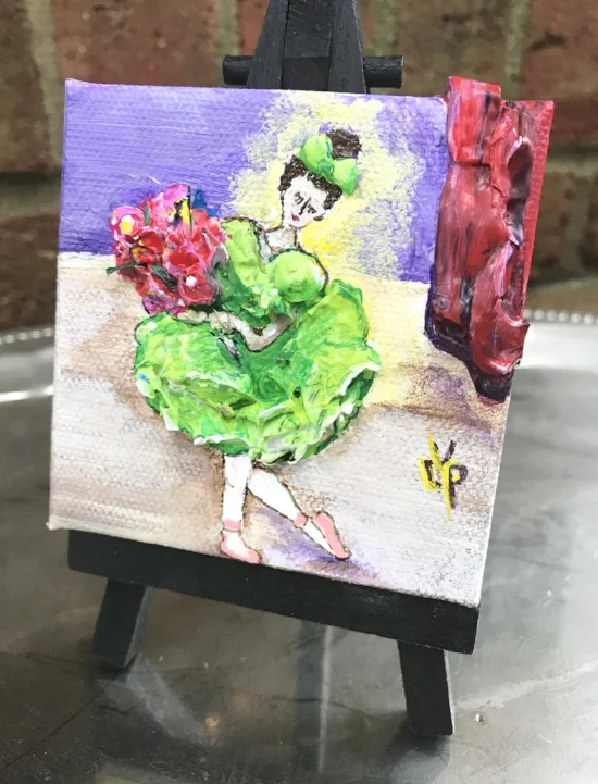 "Brava!" by Delphine Peller 3"x 3" acrylic& palette paint on canvas with mini easel