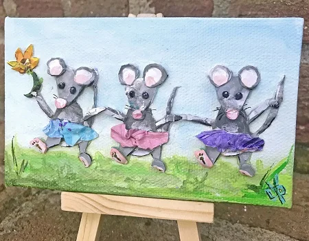 The Kickline by Delphine Peller- Palette Paint Peel & Acrylic on 3"x5" canvas w/ easel $35