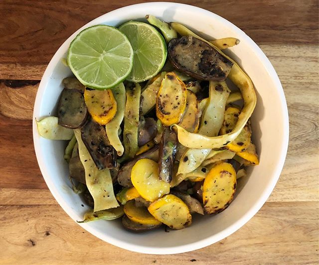 Really into this. Charred baby eggplant, summer yellow squash and capitano beans with miso tahini dressing. So good. #stillsummer #homemade