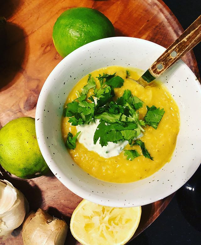 Soup season! Coconut curried red lentil topped w cucumber (almond) yogurt and lots of cilantro &amp; lime #homemade