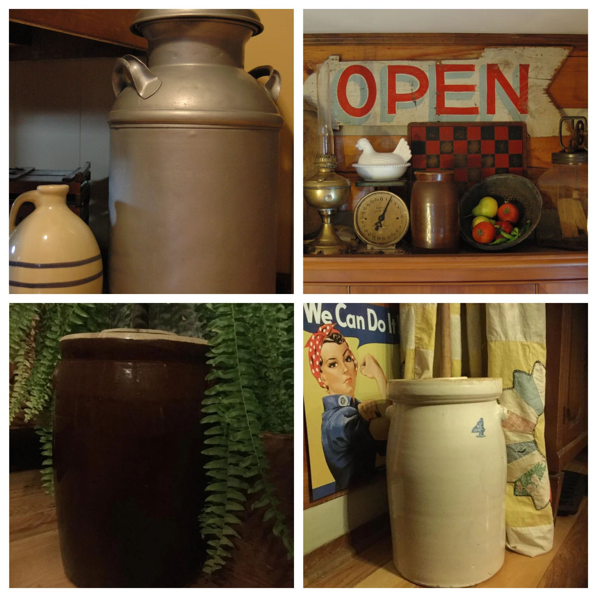 One of my grandfather’s milk cans (top left), vintage hand-cranked churn (top right), a pottery churn given to me by a friend (bottom left), and the churn my Aunt Karen gave me (bottom right)
