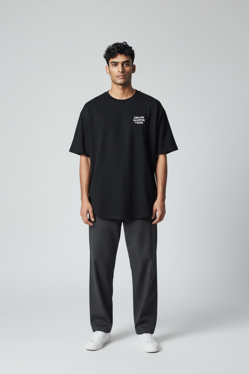 Male model Sam wearing DTXSTREET ORIGINALS Social Club Tee in black, front view featuring small ‘Explore Network Create’ chest print, Dallas streetwear brand minimalist t-shirt design