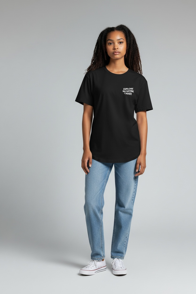 Female model Kendall wearing DTXSTREET ORIGINALS Social Club Tee in black, back view highlighting ‘DTX Street Social Club’ graphic, lifestyle streetwear brand from Dallas Texas