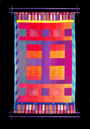 Colors of Gujarat: Common Threads #2, 2016, H 42” x W 26”, cotton yarns, fabrics, bias tape, wood and paint; weaving, photographic transfer, piecework, embroidery Photography credit: Andrew Neuhart
