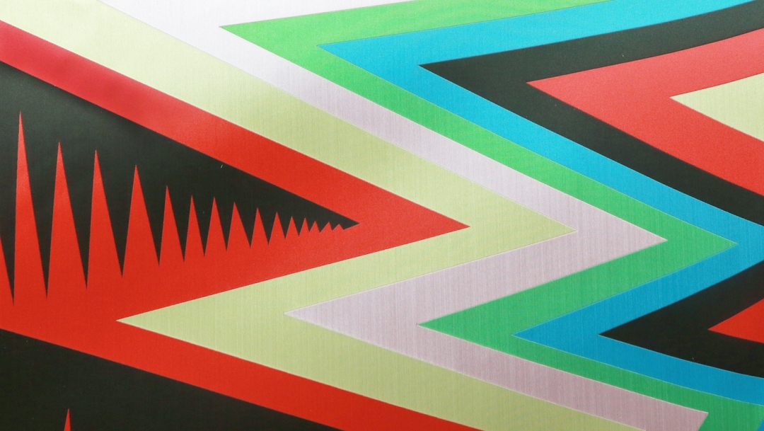 Liz Collins, detail of “Zagreb Mountain Scroll” (2018) Jacquard woven silk and polyester textile on stretcher (306 x 61x 2 inches)