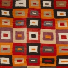 Navajo Transitional textile, c. 1890, Handspun wool, aniline dye, 70 x 54 1/4 inches. Collection of Carol Ann Mackay