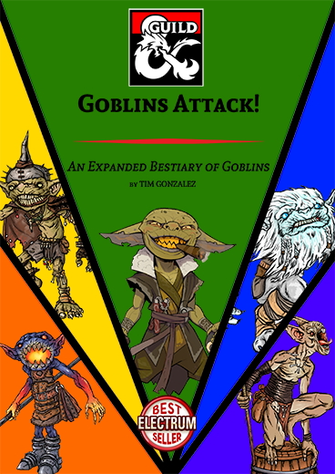 Five varied goblins, each in their own panel with a primary color as the background.