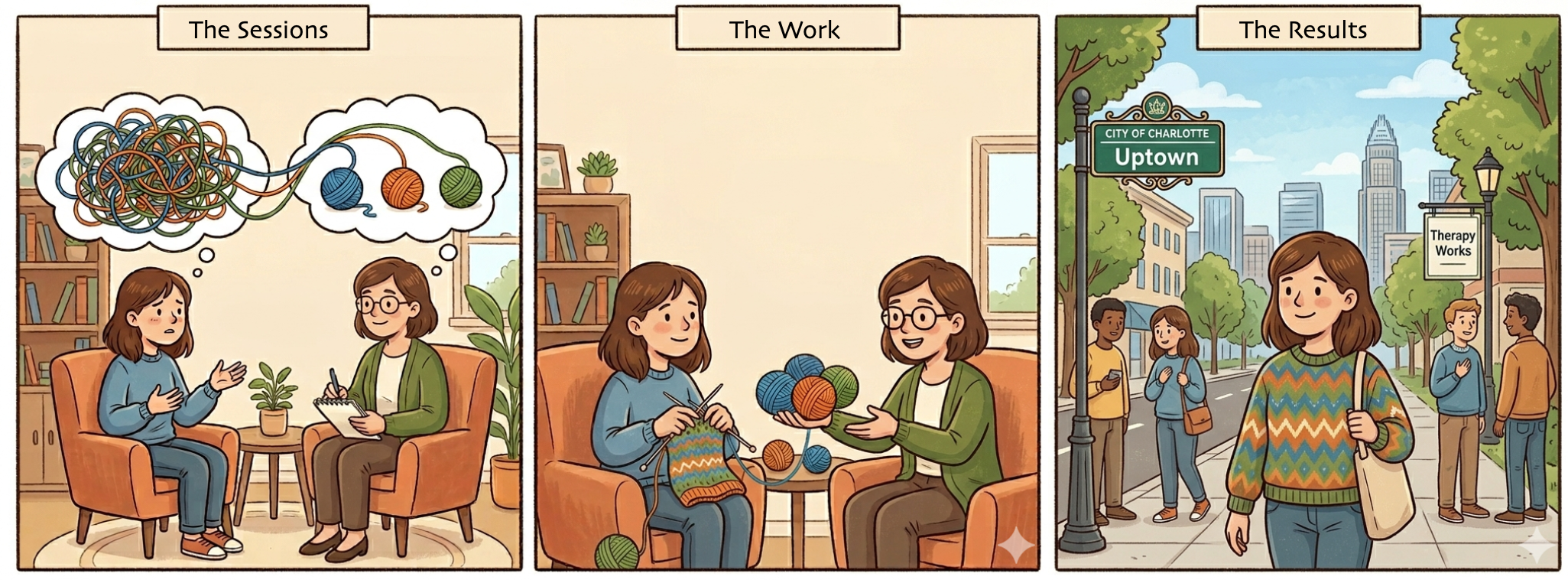 A three-panel comic illustrating therapy progress. The first panel shows a girl at a therapy session with a therapist, with tangled yarn in her thoughts. The second panel shows her happily knitting while the therapist holds colorful balls of yarn. The third panel depicts her walking on the street in Uptown Charlotte with a sign that reads "Therapy Works," smiling and talking to others.